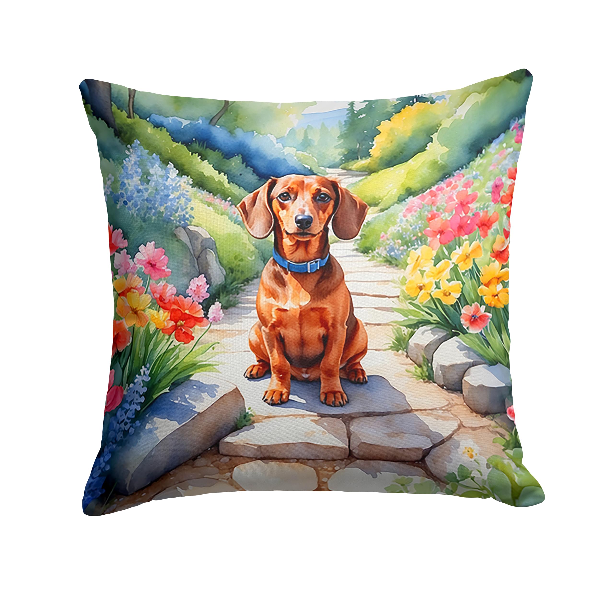 Carolines Treasures Dachshund Spring Path Throw Pillow Machine Washable, Indoor Outdoor Decorative Pillow for Couch, Bed or Patio, 14Hx14W