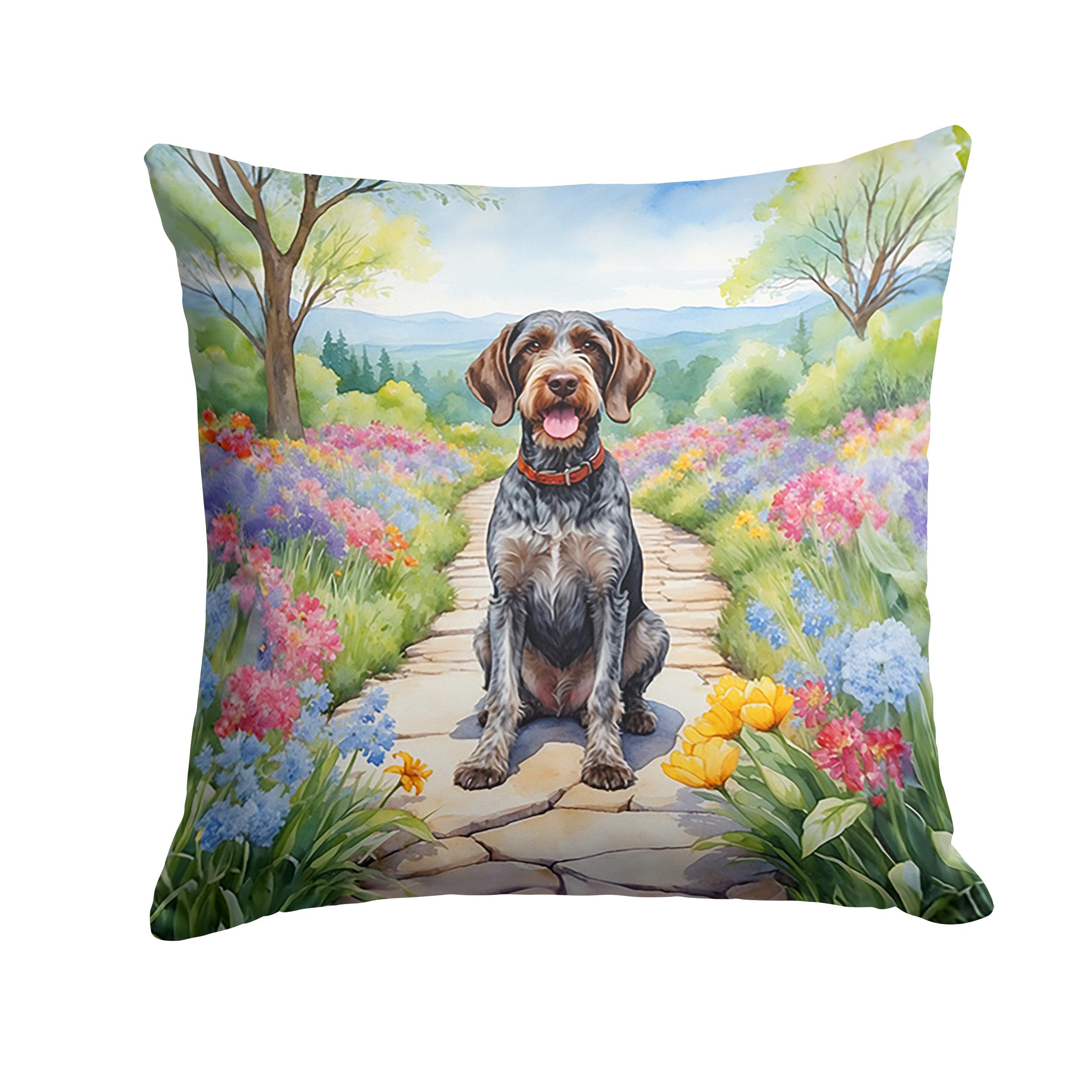 Carolines Treasures German Wirehaired Pointer Spring Path Throw Pillow Machine Washable, Indoor Outdoor Decorative Pillow for Couch, Bed or Patio, 14Hx14W