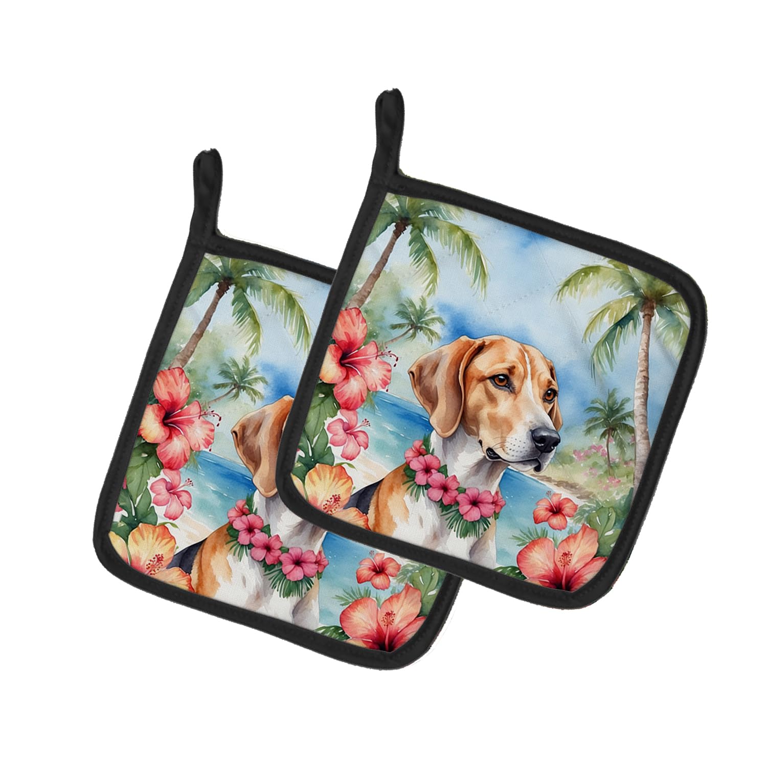 Carolines Treasures English Foxhound Luau Pair of Pot Holders Kitchen Heat Resistant Pot Holders Sets Oven Hot Pads for Cooking Baking BBQ, 7 1/2 x 7 1/2