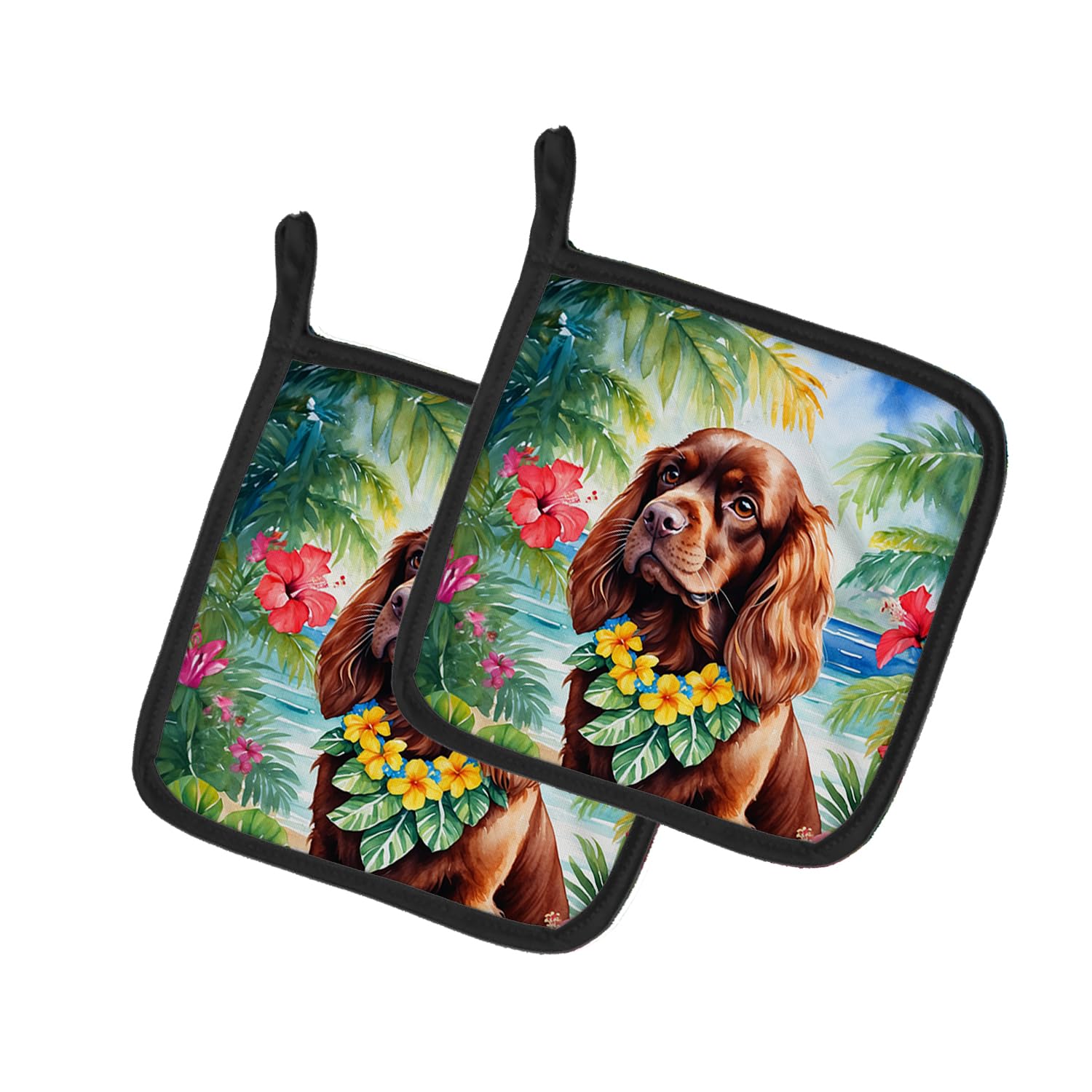 Carolines Treasures Sussex Spaniel Luau Pair of Pot Holders Kitchen Heat Resistant Pot Holders Sets Oven Hot Pads for Cooking Baking BBQ, 7 1/2 x 7 1/2