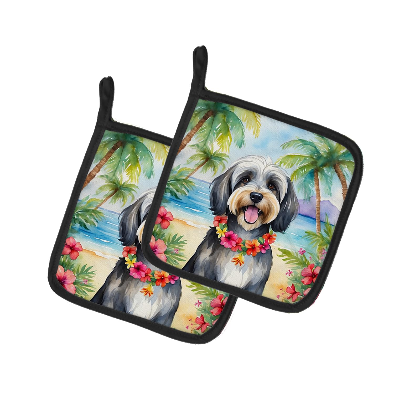 Carolines Treasures Tibetan Terrier Luau Pair of Pot Holders Kitchen Heat Resistant Pot Holders Sets Oven Hot Pads for Cooking Baking BBQ, 7 1/2 x 7 1/2