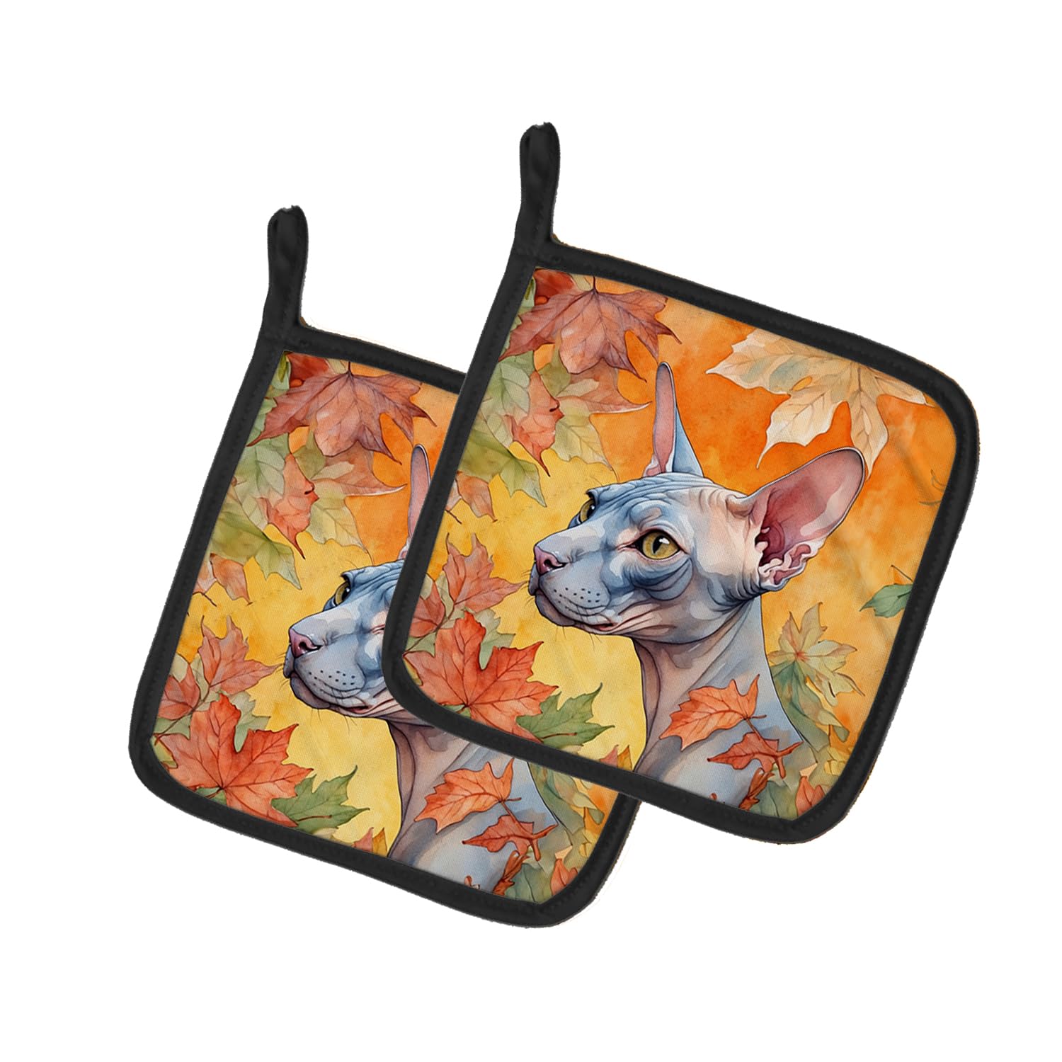 Carolines Treasures Donskoy Don Sphynx Cat in Fall Leaves Pair of Pot Holders Kitchen Heat Resistant Pot Holders Sets Oven Hot Pads for Cooking Baking BBQ, 7 1/2 x 7 1/2