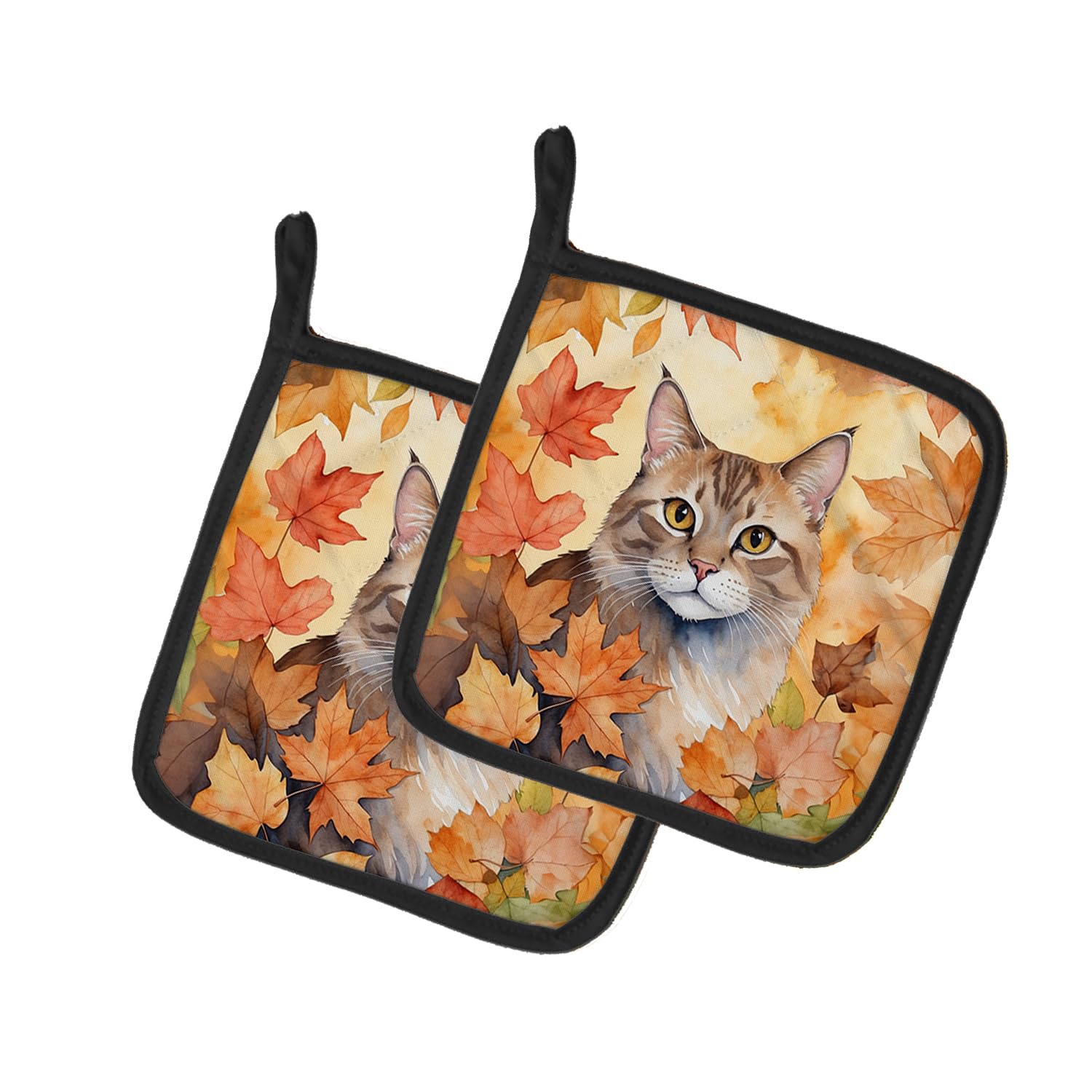 Carolines Treasures Dwelf Cat in Fall Leaves Pair of Pot Holders Kitchen Heat Resistant Pot Holders Sets Oven Hot Pads for Cooking Baking BBQ, 7 1/2 x 7 1/2