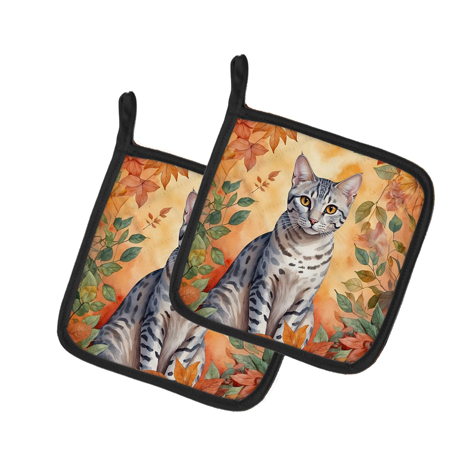 Carolines Treasures Egyptian Mau Cat in Fall Leaves Pair of Pot Holders Kitchen Heat Resistant Pot Holders Sets Oven Hot Pads for Cooking Baking BBQ, 7 1/2 x 7 1/2