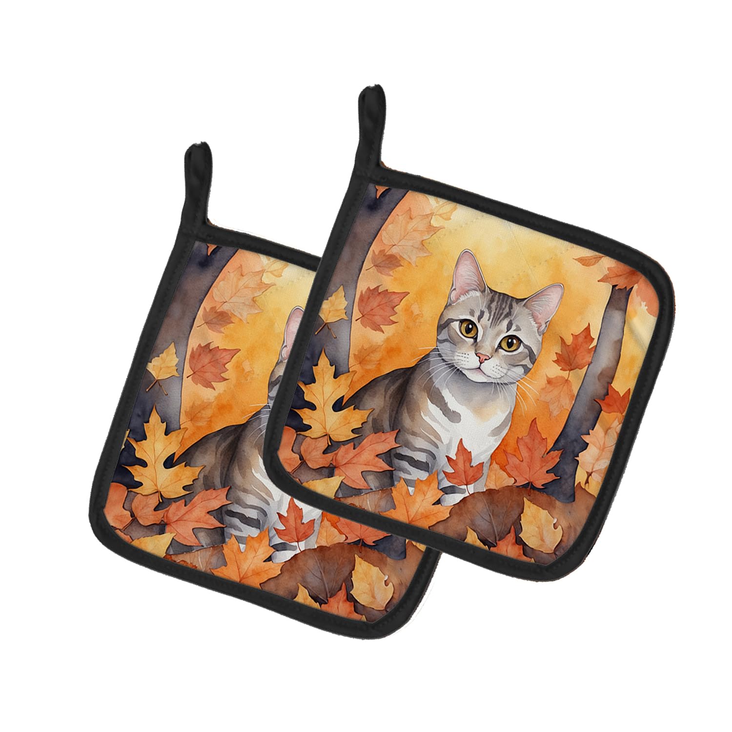 Carolines Treasures European Shorthair Cat in Fall Leaves Pair of Pot Holders Kitchen Heat Resistant Pot Holders Sets Oven Hot Pads for Cooking Baking BBQ, 7 1/2 x 7 1/2