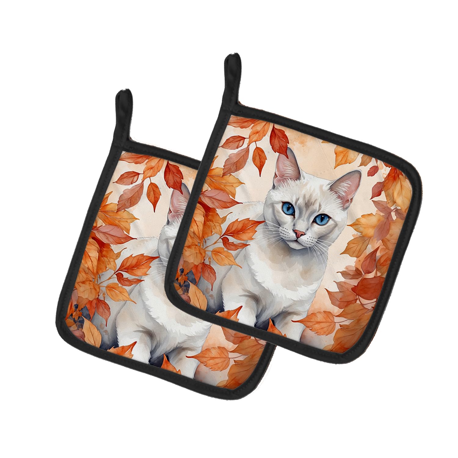 Carolines Treasures Foreign White Cat in Fall Leaves Pair of Pot Holders Kitchen Heat Resistant Pot Holders Sets Oven Hot Pads for Cooking Baking BBQ, 7 1/2 x 7 1/2