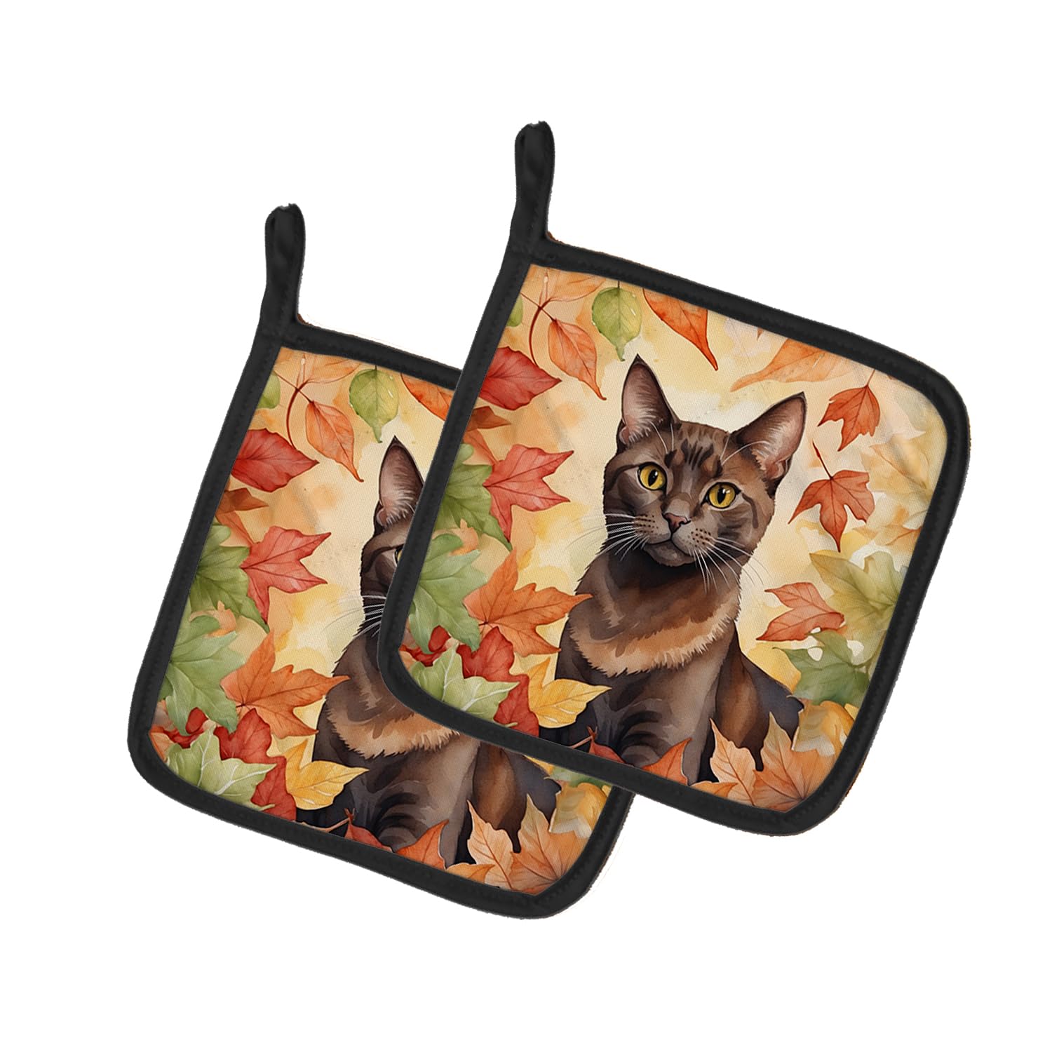 Carolines Treasures Havana Brown Cat in Fall Leaves Pair of Pot Holders Kitchen Heat Resistant Pot Holders Sets Oven Hot Pads for Cooking Baking BBQ, 7 1/2 x 7 1/2