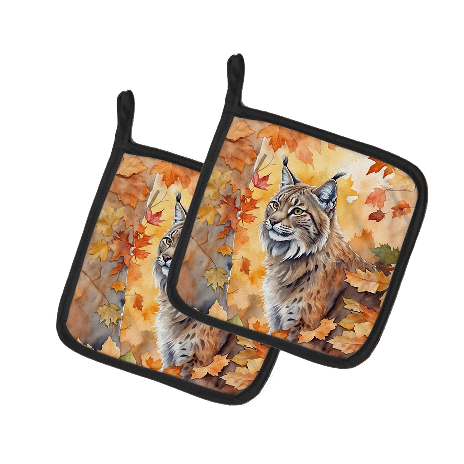 Carolines Treasures Highlander Lynx Cat in Fall Leaves Pair of Pot Holders Kitchen Heat Resistant Pot Holders Sets Oven Hot Pads for Cooking Baking BBQ, 7 1/2 x 7 1/2