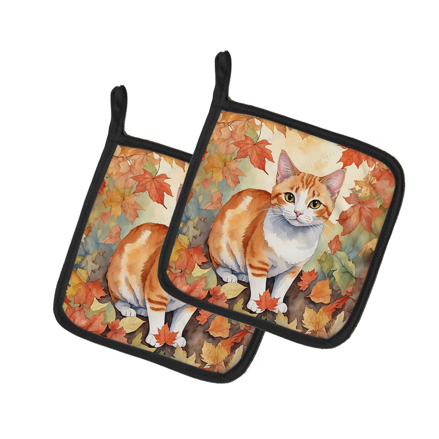 Carolines Treasures Japanese Bobtail Cat in Fall Leaves Pair of Pot Holders Kitchen Heat Resistant Pot Holders Sets Oven Hot Pads for Cooking Baking BBQ, 7 1/2 x 7 1/2