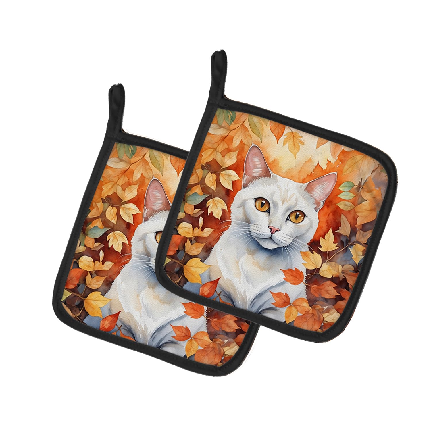Carolines Treasures Khao Manee Cat in Fall Leaves Pair of Pot Holders Kitchen Heat Resistant Pot Holders Sets Oven Hot Pads for Cooking Baking BBQ, 7 1/2 x 7 1/2