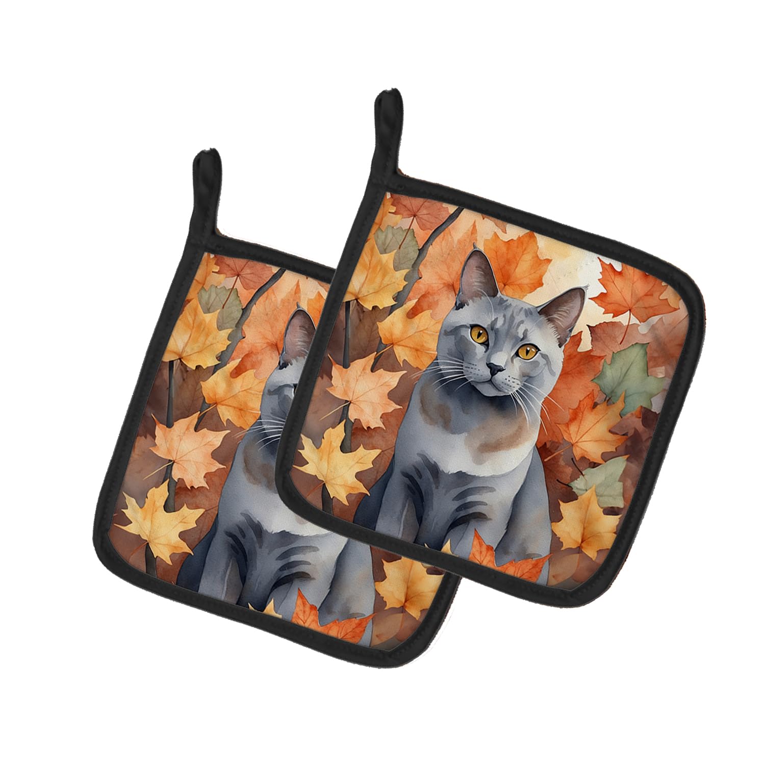 Carolines Treasures Korat Cat in Fall Leaves Pair of Pot Holders Kitchen Heat Resistant Pot Holders Sets Oven Hot Pads for Cooking Baking BBQ, 7 1/2 x 7 1/2