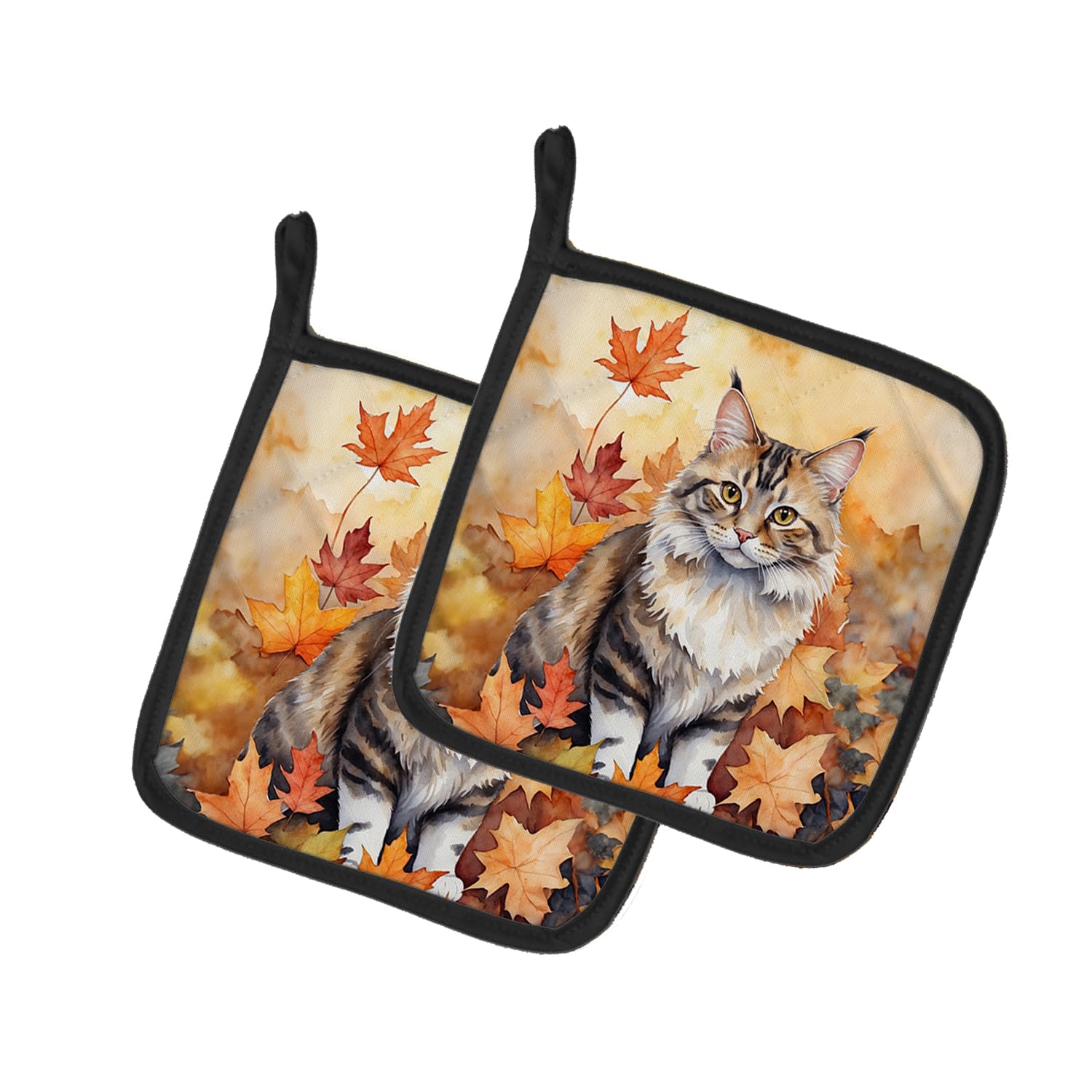 Carolines Treasures Kurilian Bobtail Cat in Fall Leaves Pair of Pot Holders Kitchen Heat Resistant Pot Holders Sets Oven Hot Pads for Cooking Baking BBQ, 7 1/2 x 7 1/2