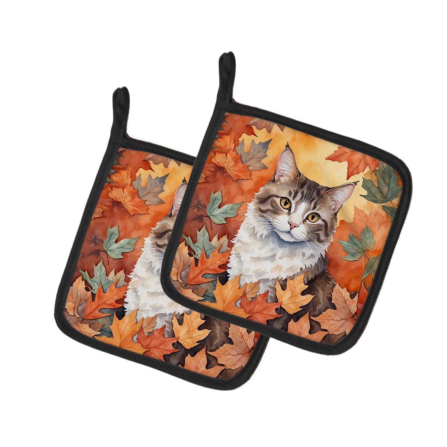 Carolines Treasures La Perm Cat in Fall Leaves Pair of Pot Holders Kitchen Heat Resistant Pot Holders Sets Oven Hot Pads for Cooking Baking BBQ, 7 1/2 x 7 1/2