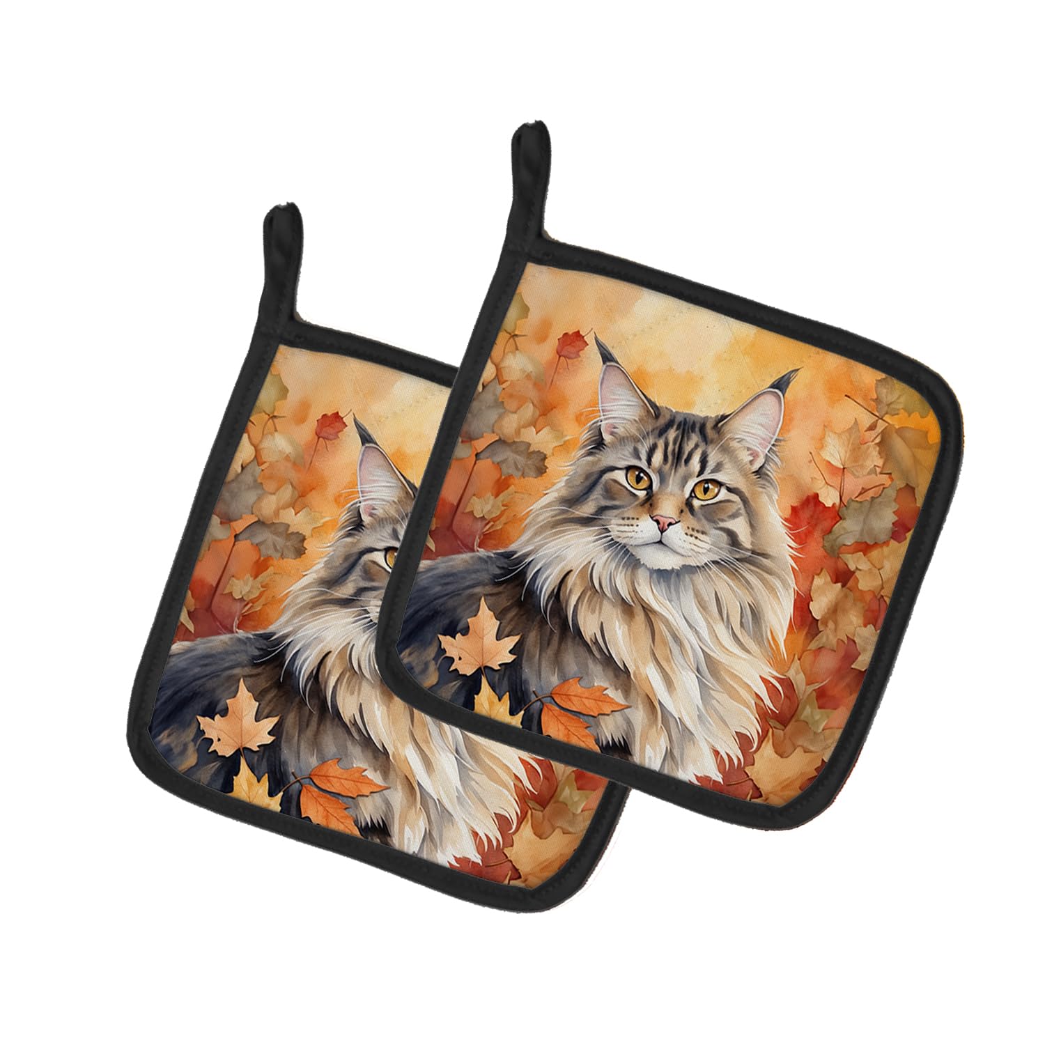 Carolines Treasures MaineCoon Cat in Fall Leaves Pair of Pot Holders Kitchen Heat Resistant Pot Holders Sets Oven Hot Pads for Cooking Baking BBQ, 7 1/2 x 7 1/2