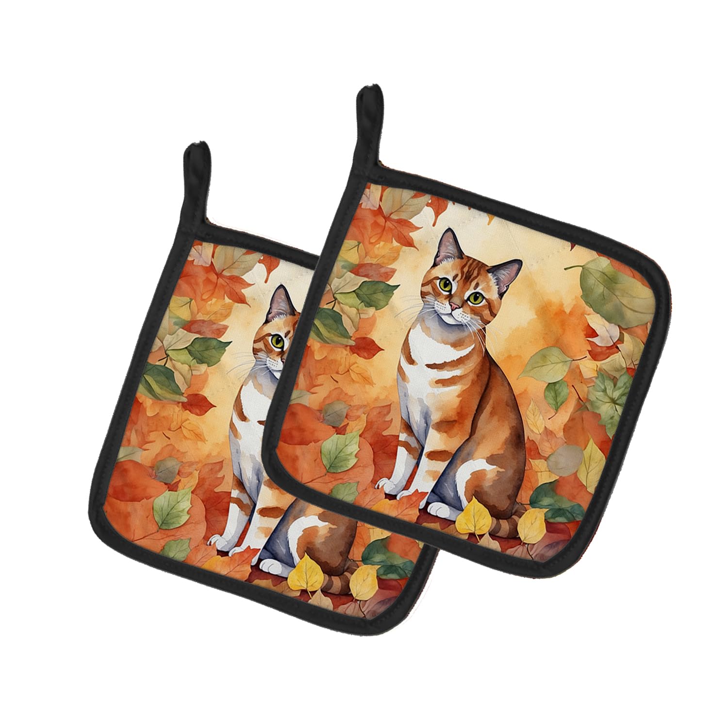 Carolines Treasures Malayan Cat in Fall Leaves Pair of Pot Holders Kitchen Heat Resistant Pot Holders Sets Oven Hot Pads for Cooking Baking BBQ, 7 1/2 x 7 1/2