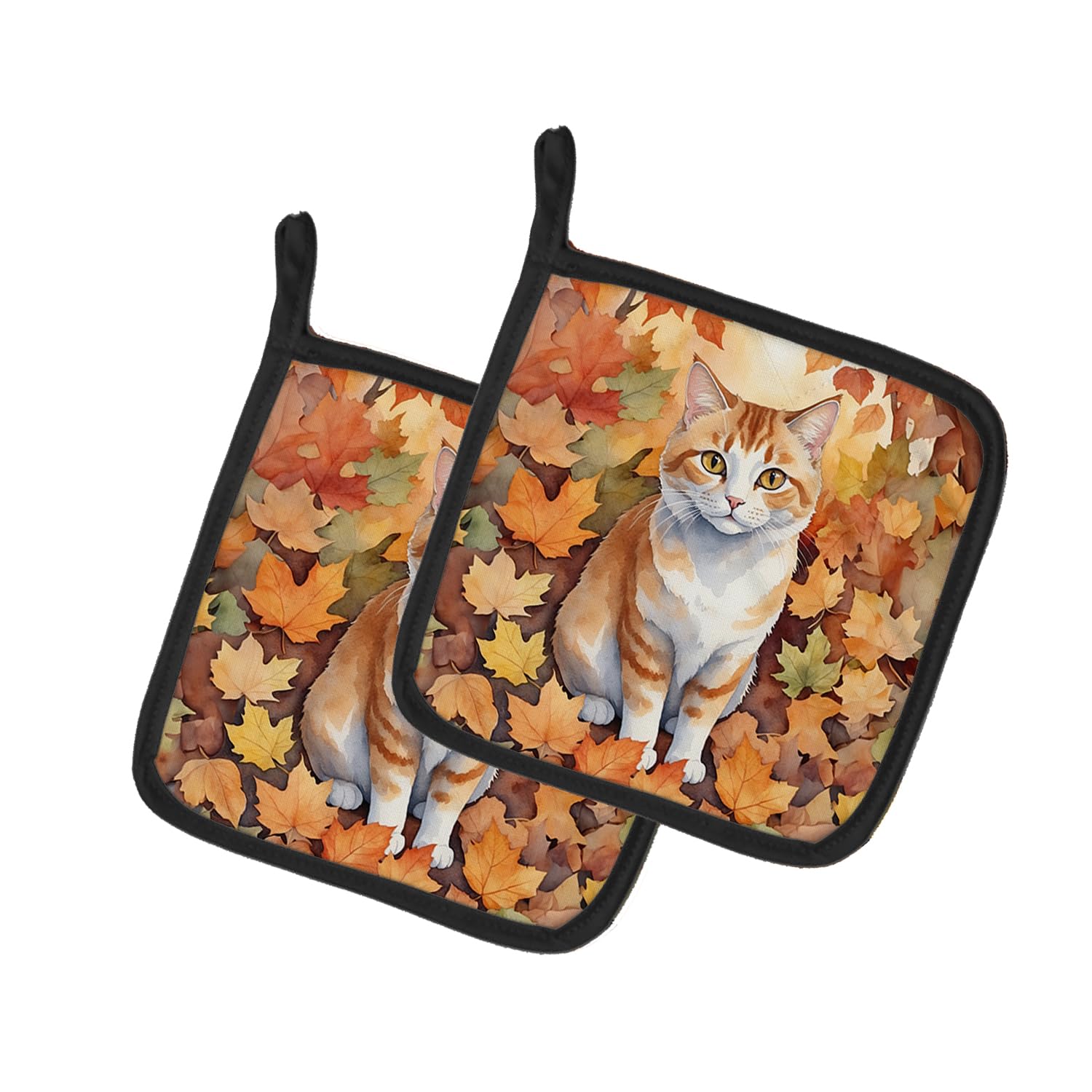 Carolines Treasures Manx Cat in Fall Leaves Pair of Pot Holders Kitchen Heat Resistant Pot Holders Sets Oven Hot Pads for Cooking Baking BBQ, 7 1/2 x 7 1/2