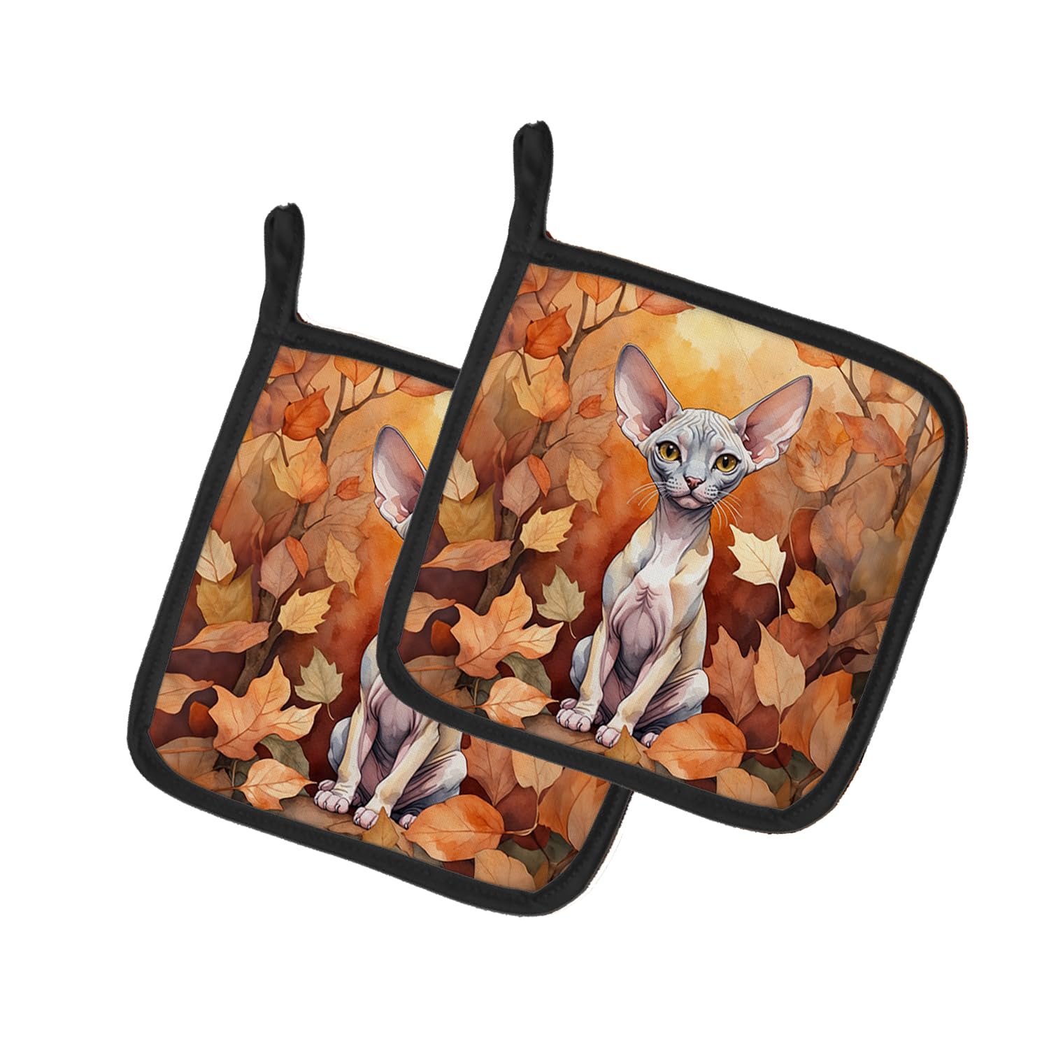 Carolines Treasures Minskin Cat in Fall Leaves Pair of Pot Holders Kitchen Heat Resistant Pot Holders Sets Oven Hot Pads for Cooking Baking BBQ, 7 1/2 x 7 1/2