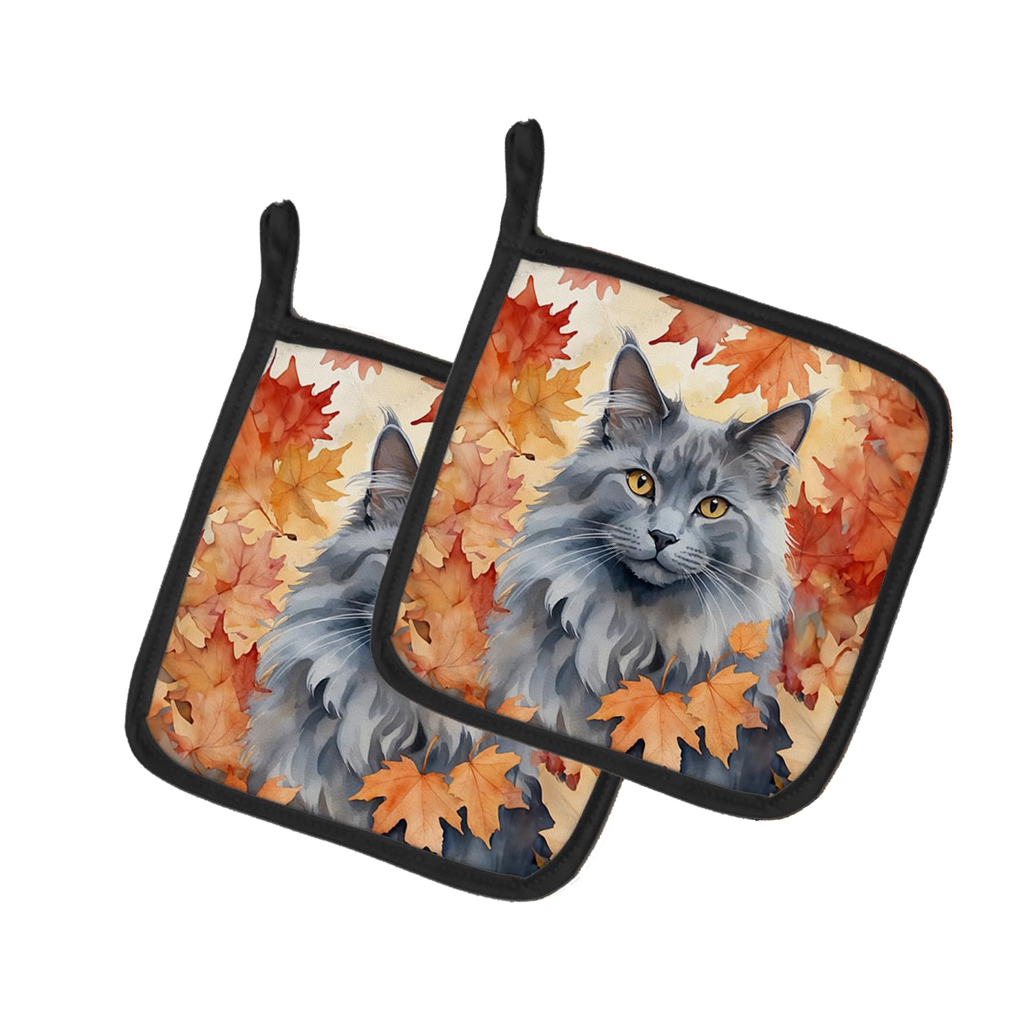 Carolines Treasures Nebelung Cat in Fall Leaves Pair of Pot Holders Kitchen Heat Resistant Pot Holders Sets Oven Hot Pads for Cooking Baking BBQ, 7 1/2 x 7 1/2