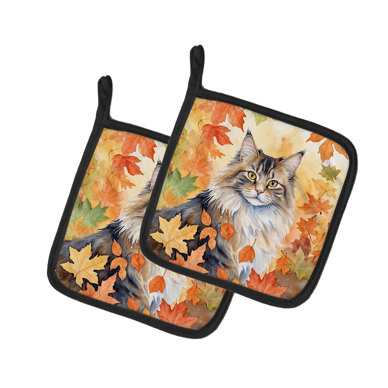Carolines Treasures Norwegian Forest Cat in Fall Leaves Pair of Pot Holders Kitchen Heat Resistant Pot Holders Sets Oven Hot Pads for Cooking Baking BBQ, 7 1/2 x 7 1/2