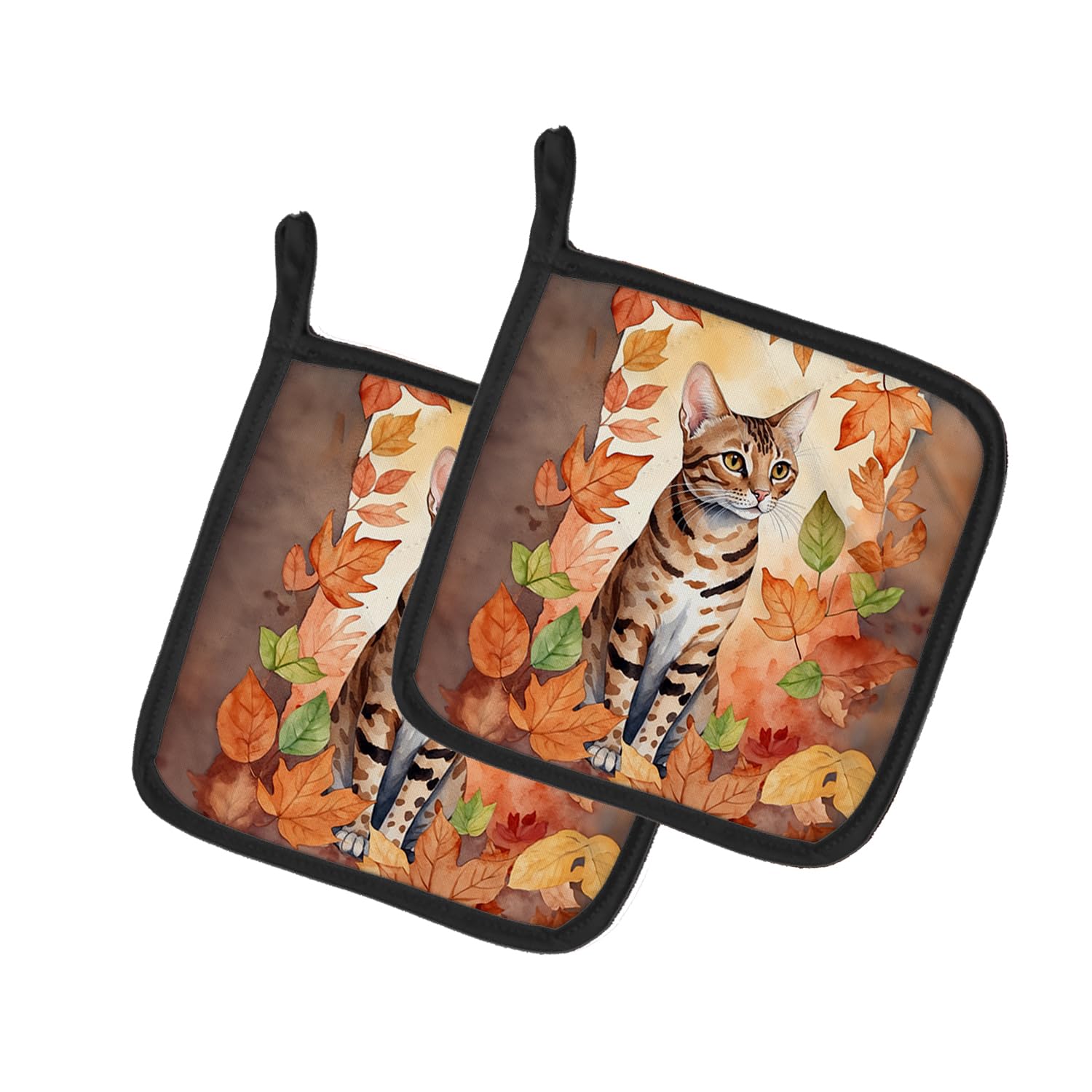 Carolines Treasures Ocicat Cat in Fall Leaves Pair of Pot Holders Kitchen Heat Resistant Pot Holders Sets Oven Hot Pads for Cooking Baking BBQ, 7 1/2 x 7 1/2