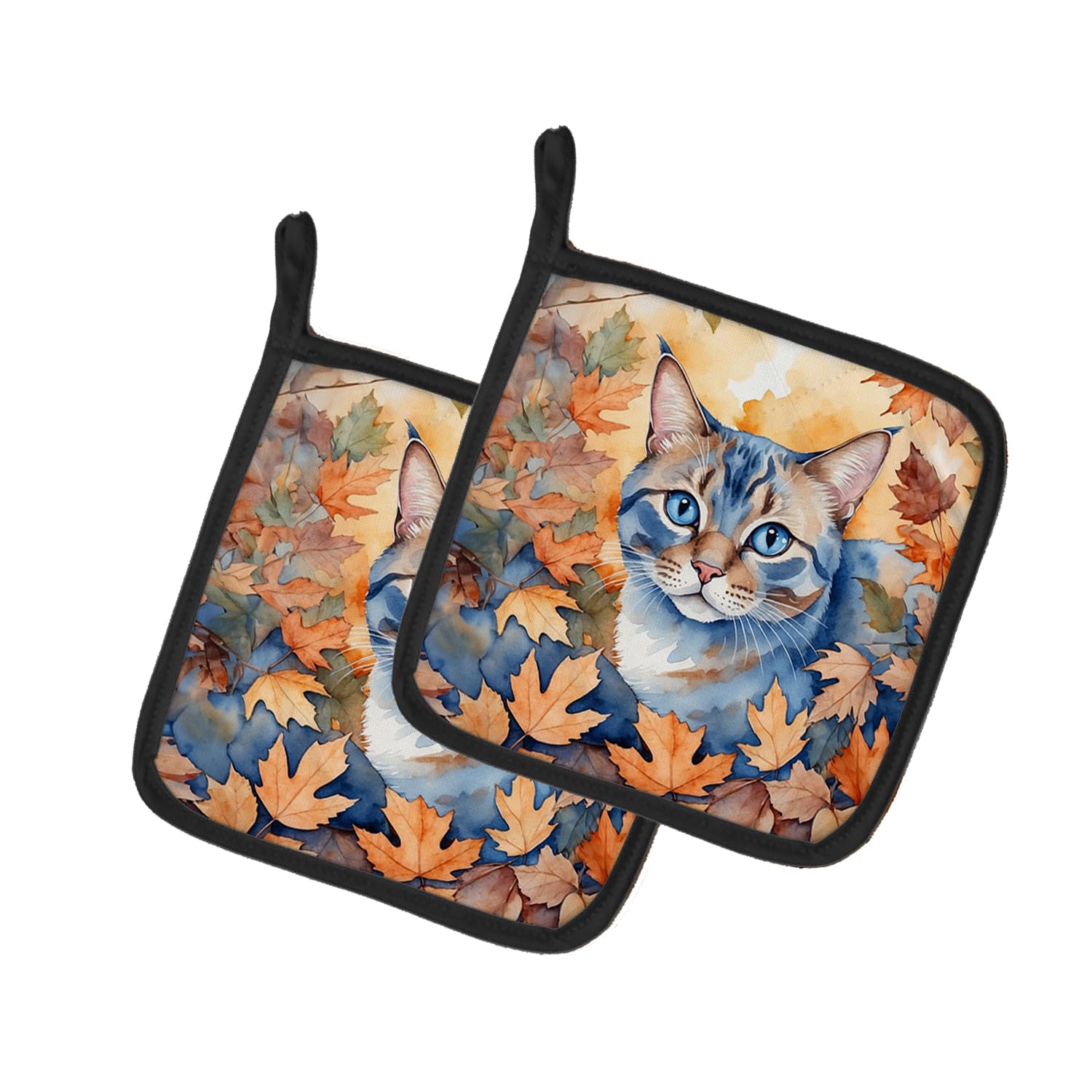 Carolines Treasures Ojos Azules Cat in Fall Leaves Pair of Pot Holders Kitchen Heat Resistant Pot Holders Sets Oven Hot Pads for Cooking Baking BBQ, 7 1/2 x 7 1/2