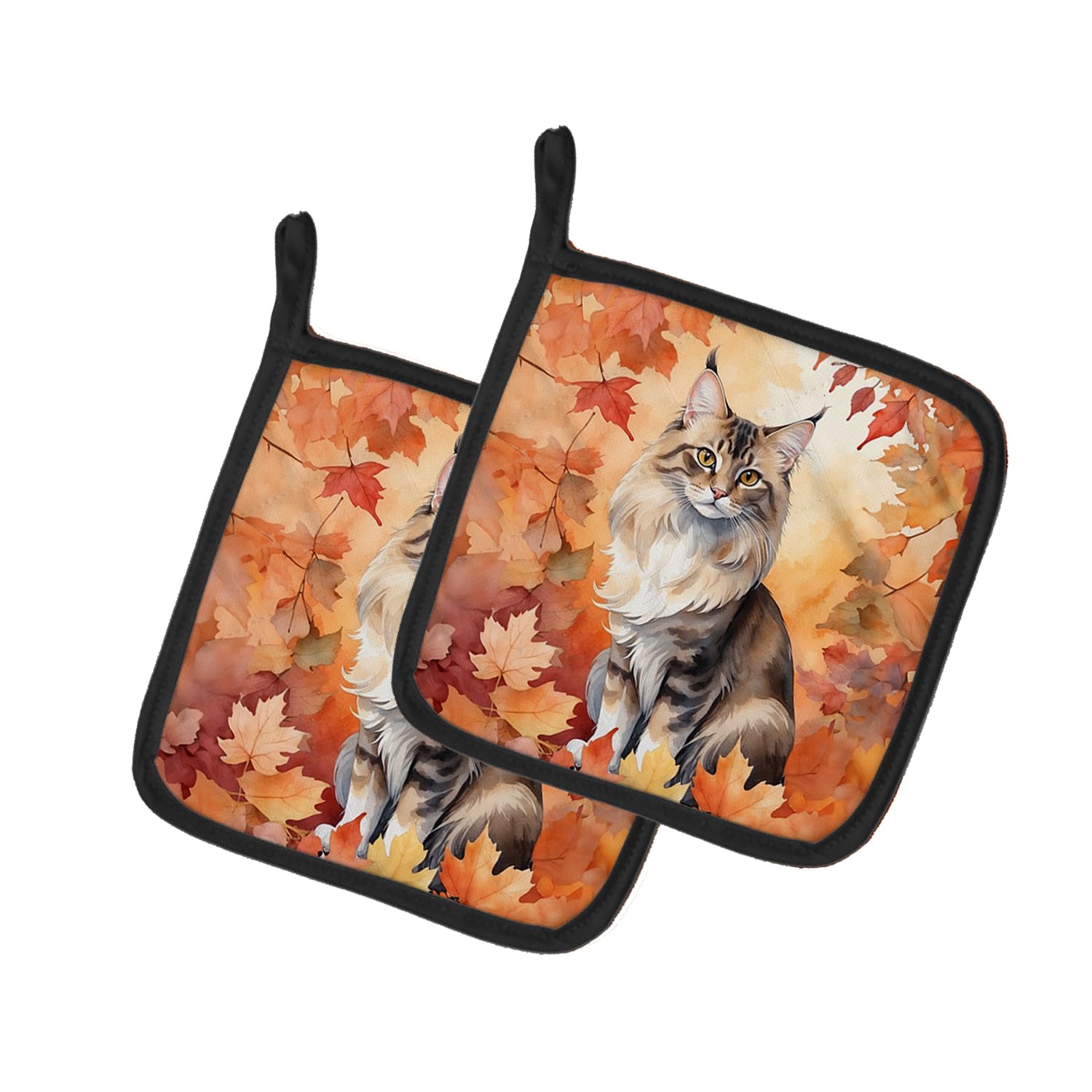 Carolines Treasures Oriental Longhair Cat in Fall Leaves Pair of Pot Holders Kitchen Heat Resistant Pot Holders Sets Oven Hot Pads for Cooking Baking BBQ, 7 1/2 x 7 1/2
