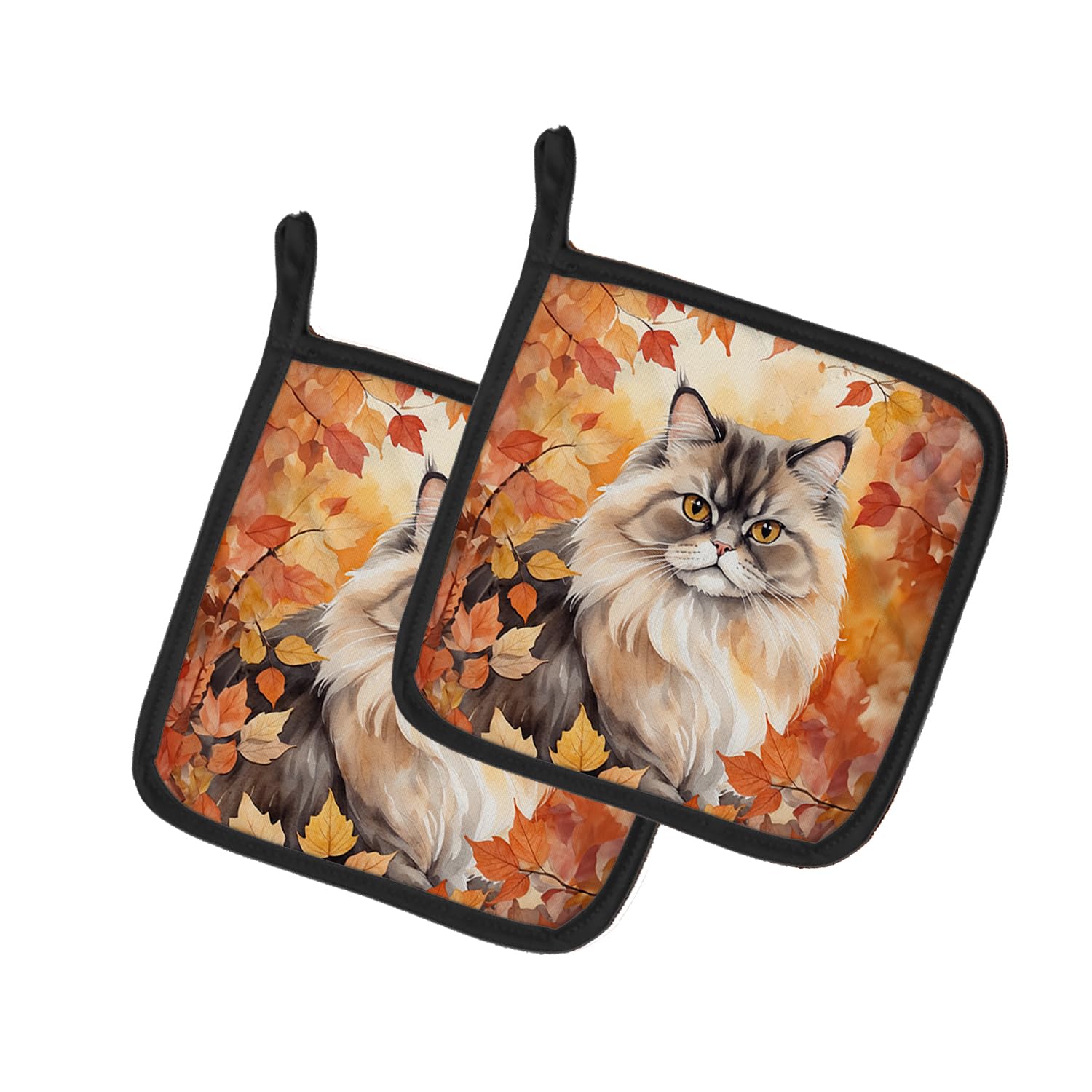 Carolines Treasures Persian Cat in Fall Leaves Pair of Pot Holders Kitchen Heat Resistant Pot Holders Sets Oven Hot Pads for Cooking Baking BBQ, 7 1/2 x 7 1/2