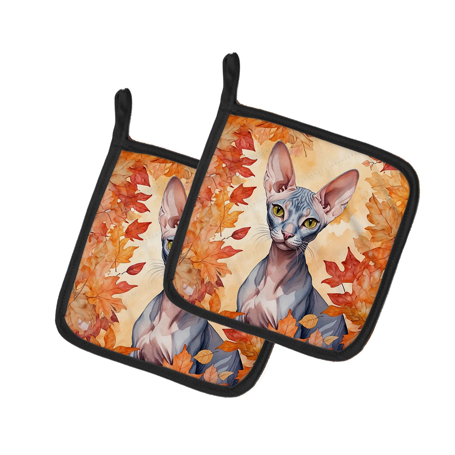 Carolines Treasures Peterbald Cat in Fall Leaves Pair of Pot Holders Kitchen Heat Resistant Pot Holders Sets Oven Hot Pads for Cooking Baking BBQ, 7 1/2 x 7 1/2