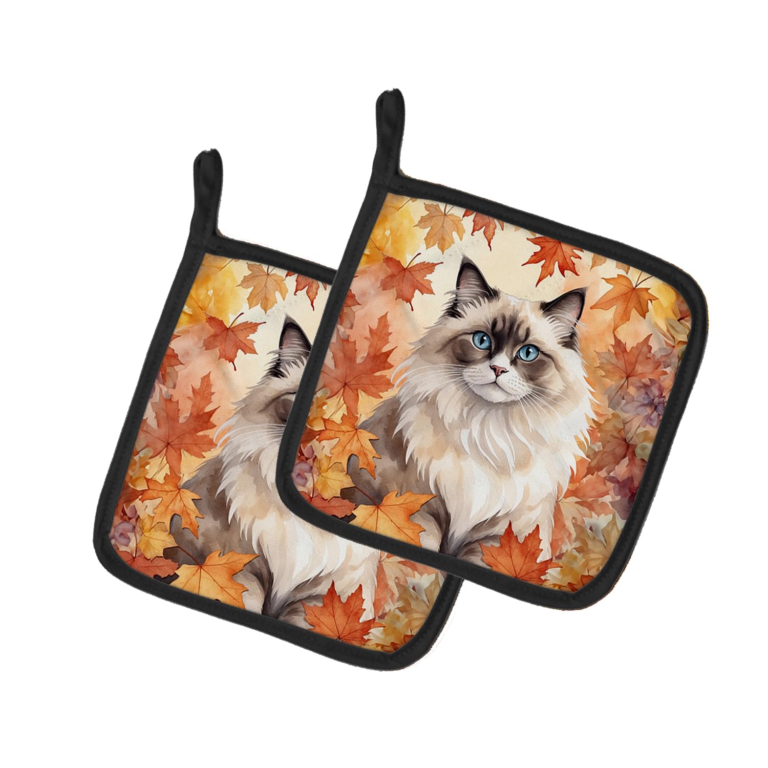 Carolines Treasures Ragdoll Cat in Fall Leaves Pair of Pot Holders Kitchen Heat Resistant Pot Holders Sets Oven Hot Pads for Cooking Baking BBQ, 7 1/2 x 7 1/2