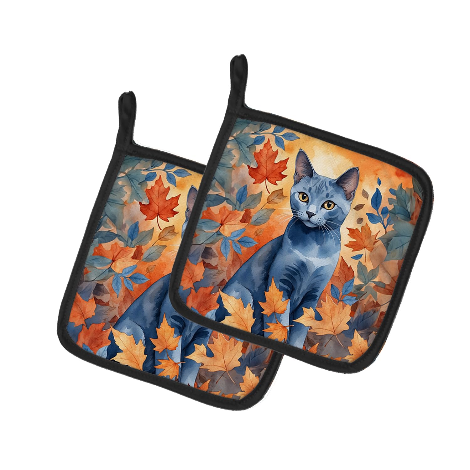 Carolines Treasures Russian Blue Cat in Fall Leaves Pair of Pot Holders Kitchen Heat Resistant Pot Holders Sets Oven Hot Pads for Cooking Baking BBQ, 7 1/2 x 7 1/2
