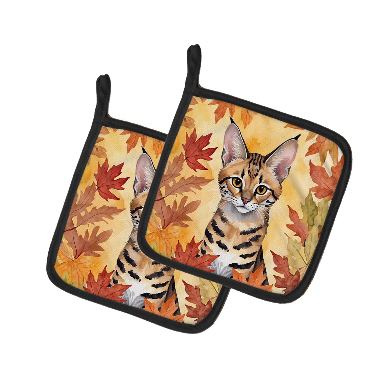 Carolines Treasures Savannah Cat in Fall Leaves Pair of Pot Holders Kitchen Heat Resistant Pot Holders Sets Oven Hot Pads for Cooking Baking BBQ, 7 1/2 x 7 1/2
