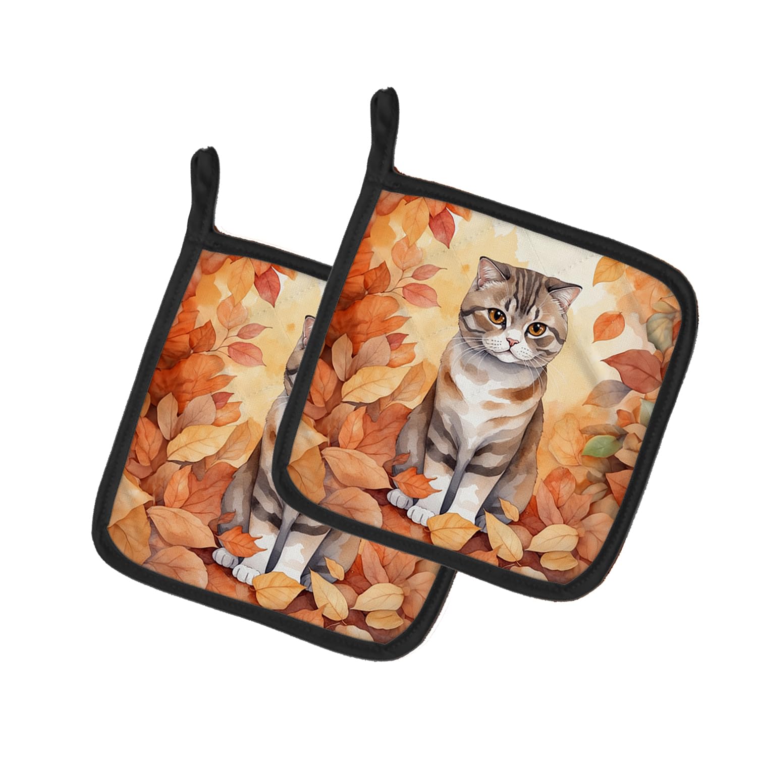 Carolines Treasures Scottish Fold Cat in Fall Leaves Pair of Pot Holders Kitchen Heat Resistant Pot Holders Sets Oven Hot Pads for Cooking Baking BBQ, 7 1/2 x 7 1/2