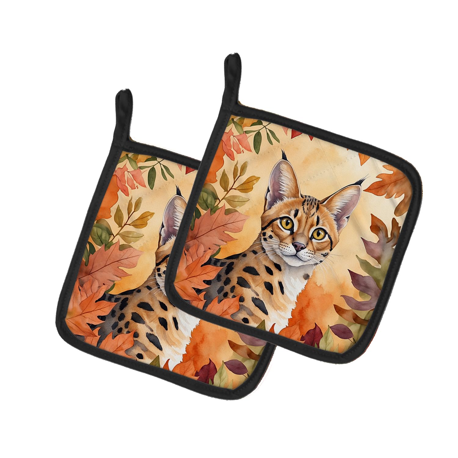 Carolines Treasures Serengeti Cat in Fall Leaves Pair of Pot Holders Kitchen Heat Resistant Pot Holders Sets Oven Hot Pads for Cooking Baking BBQ, 7 1/2 x 7 1/2