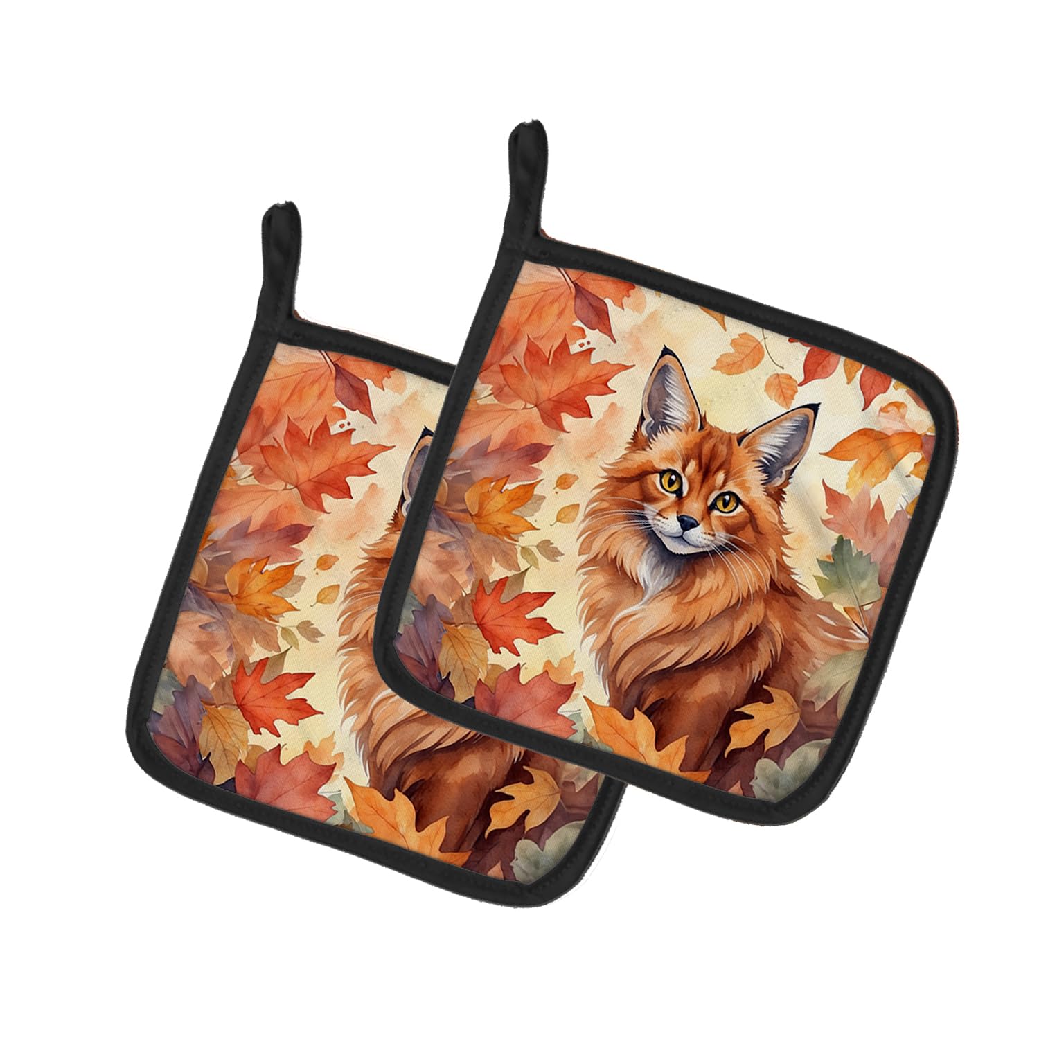 Carolines Treasures Somali Cat in Fall Leaves Pair of Pot Holders Kitchen Heat Resistant Pot Holders Sets Oven Hot Pads for Cooking Baking BBQ, 7 1/2 x 7 1/2