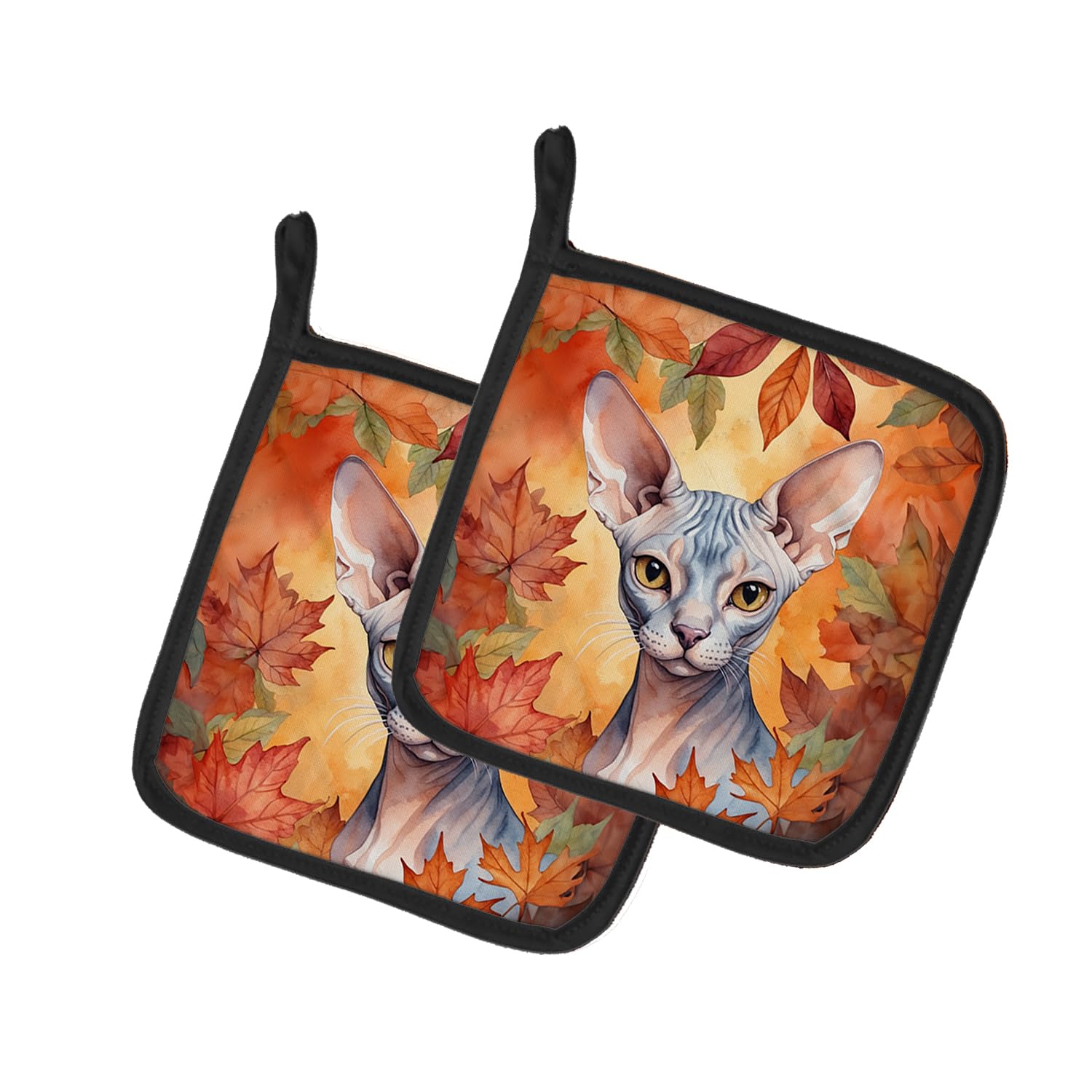 Carolines Treasures Sphynx Cat in Fall Leaves Pair of Pot Holders Kitchen Heat Resistant Pot Holders Sets Oven Hot Pads for Cooking Baking BBQ, 7 1/2 x 7 1/2