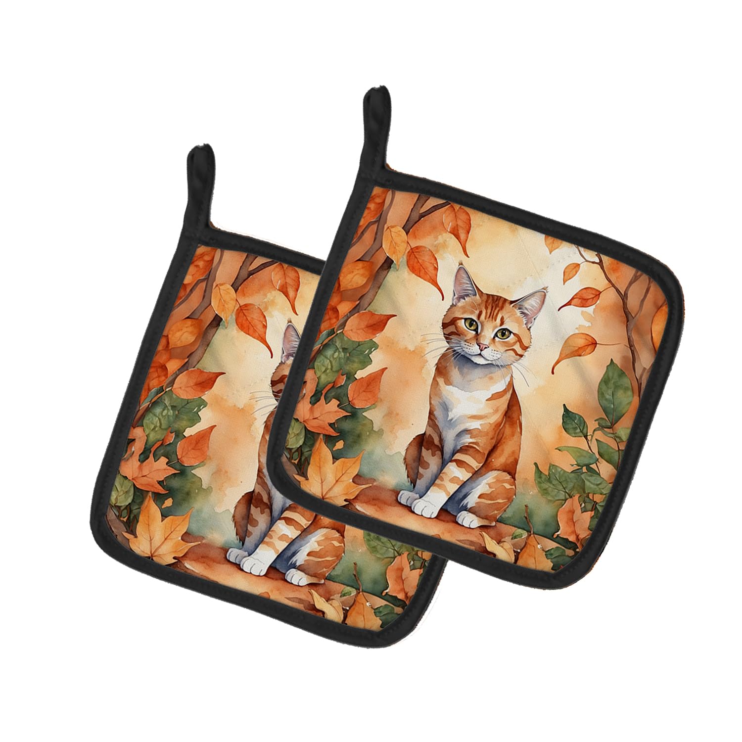 Carolines Treasures Suphalak Cat in Fall Leaves Pair of Pot Holders Kitchen Heat Resistant Pot Holders Sets Oven Hot Pads for Cooking Baking BBQ, 7 1/2 x 7 1/2