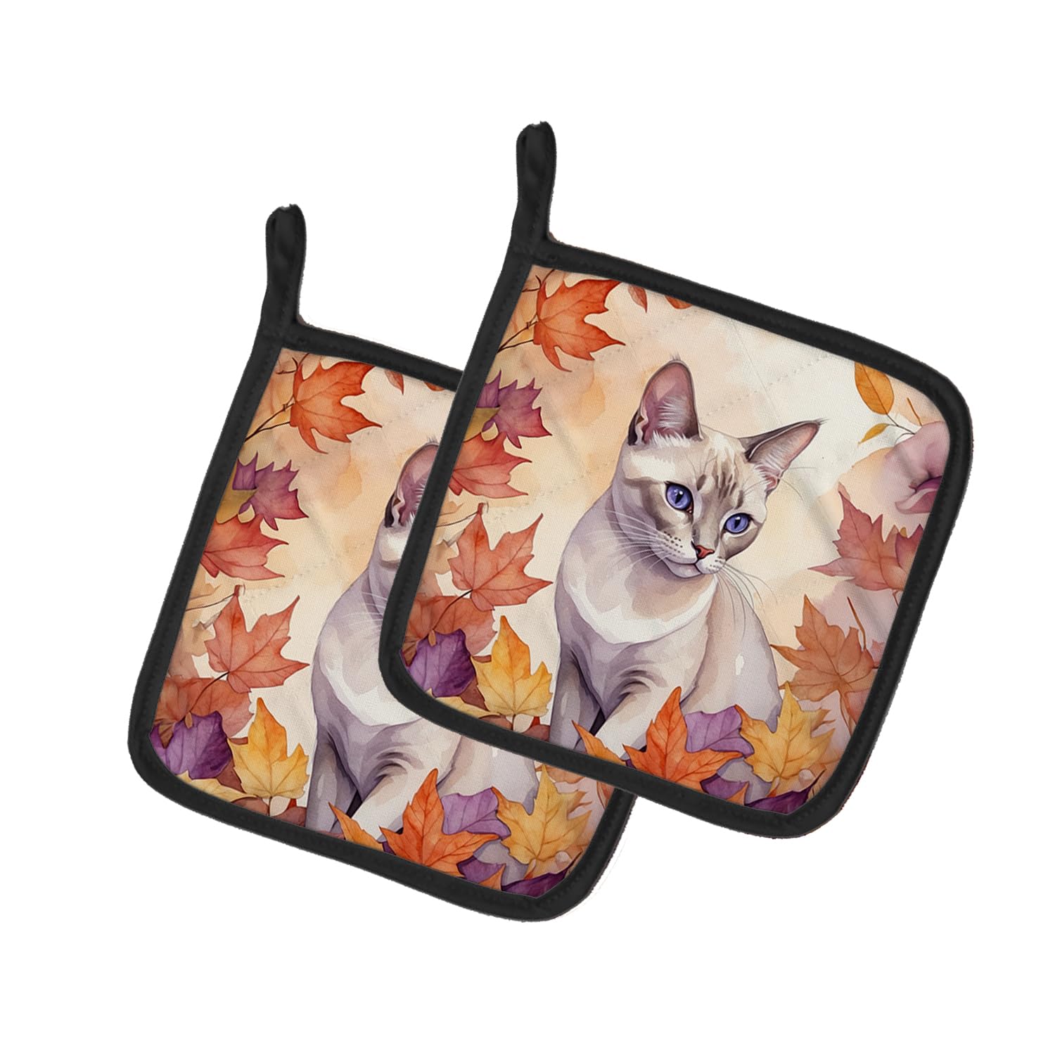 Carolines Treasures Thai Lilac Cat in Fall Leaves Pair of Pot Holders Kitchen Heat Resistant Pot Holders Sets Oven Hot Pads for Cooking Baking BBQ, 7 1/2 x 7 1/2
