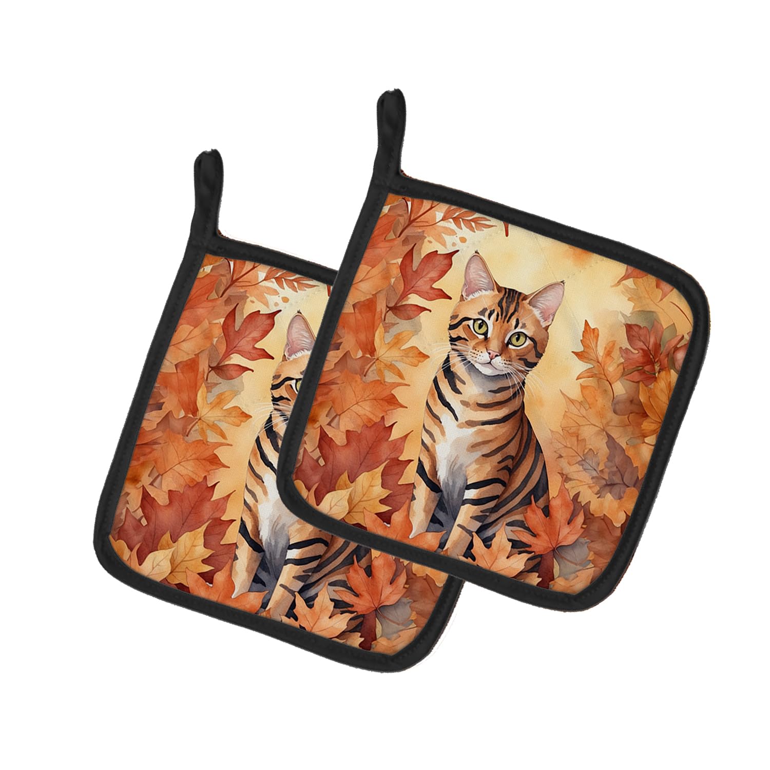Carolines Treasures Toyger Cat in Fall Leaves Pair of Pot Holders Kitchen Heat Resistant Pot Holders Sets Oven Hot Pads for Cooking Baking BBQ, 7 1/2 x 7 1/2