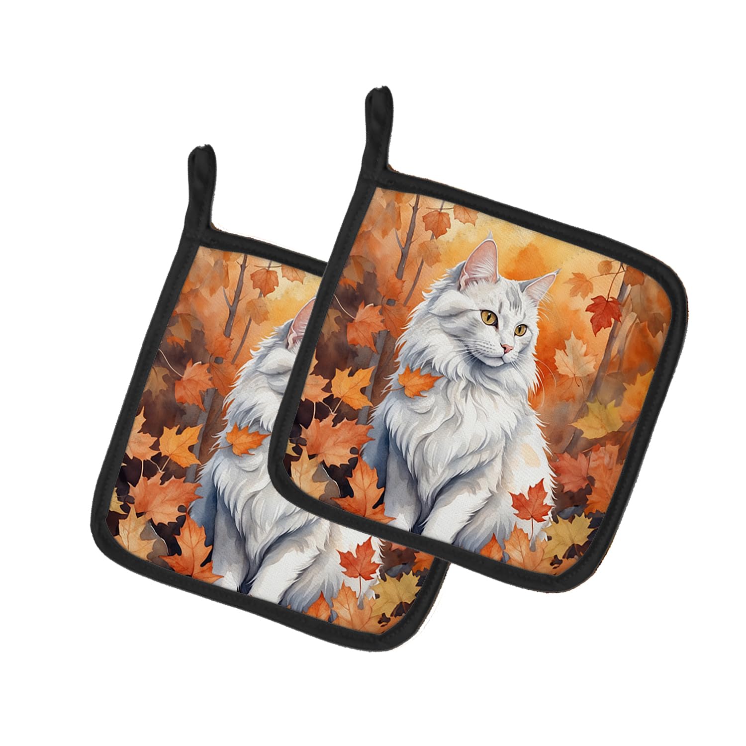 Carolines Treasures Turkish Angora Cat in Fall Leaves Pair of Pot Holders Kitchen Heat Resistant Pot Holders Sets Oven Hot Pads for Cooking Baking BBQ, 7 1/2 x 7 1/2