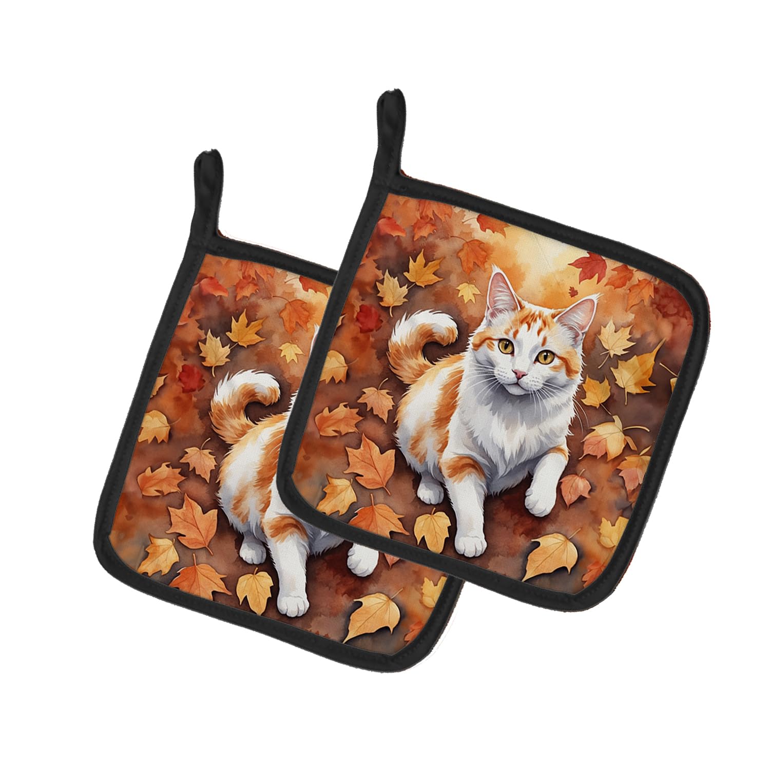 Carolines Treasures Turkish Van Cat in Fall Leaves Pair of Pot Holders Kitchen Heat Resistant Pot Holders Sets Oven Hot Pads for Cooking Baking BBQ, 7 1/2 x 7 1/2