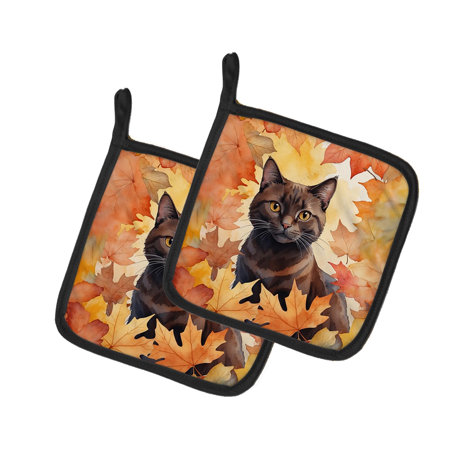 Carolines Treasures York Chocolate Cat in Fall Leaves Pair of Pot Holders Kitchen Heat Resistant Pot Holders Sets Oven Hot Pads for Cooking Baking BBQ, 7 1/2 x 7 1/2