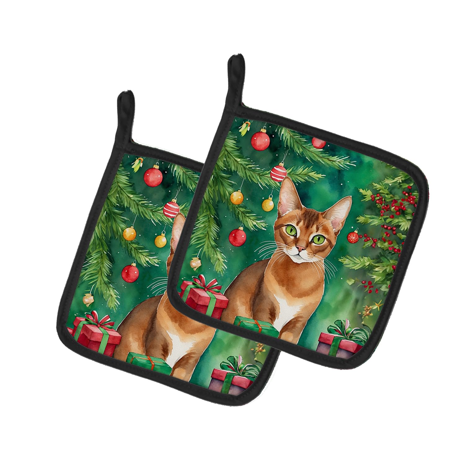Carolines Treasures Abyssinian Cat by The Christmas Tree Pair of Pot Holders Kitchen Heat Resistant Pot Holders Sets Oven Hot Pads for Cooking Baking BBQ, 7 1/2 x 7 1/2