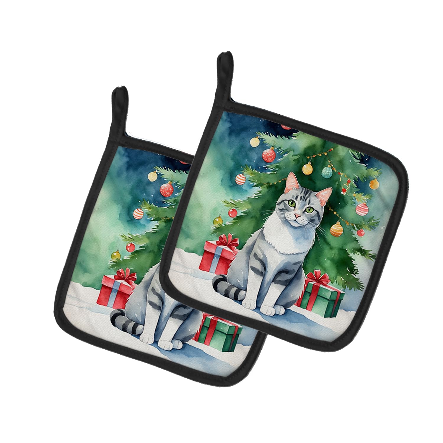 Carolines Treasures Aegean Cat by The Christmas Tree Pair of Pot Holders Kitchen Heat Resistant Pot Holders Sets Oven Hot Pads for Cooking Baking BBQ, 7 1/2 x 7 1/2