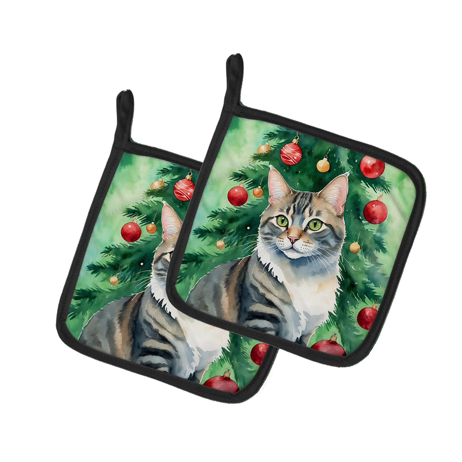 Carolines Treasures American Bobtail Cat by The Christmas Tree Pair of Pot Holders Kitchen Heat Resistant Pot Holders Sets Oven Hot Pads for Cooking Baking BBQ, 7 1/2 x 7 1/2