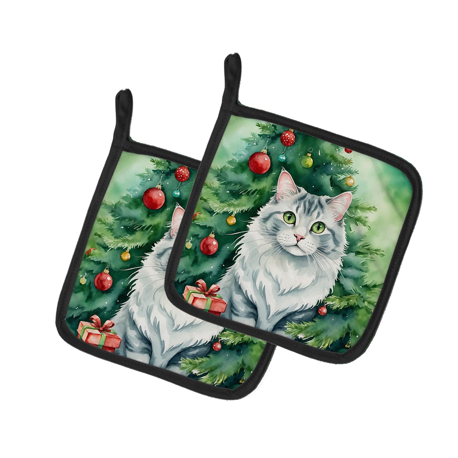 Carolines Treasures American Curl Cat by The Christmas Tree Pair of Pot Holders Kitchen Heat Resistant Pot Holders Sets Oven Hot Pads for Cooking Baking BBQ, 7 1/2 x 7 1/2