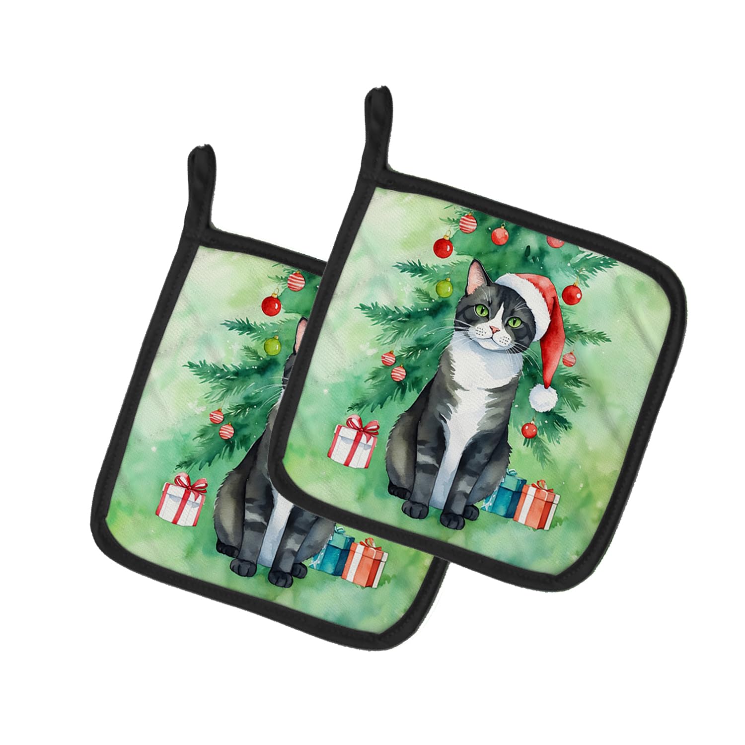 Carolines Treasures American Polydactyl Cat by The Christmas Tree Pair of Pot Holders Kitchen Heat Resistant Pot Holders Sets Oven Hot Pads for Cooking Baking BBQ, 7 1/2 x 7 1/2