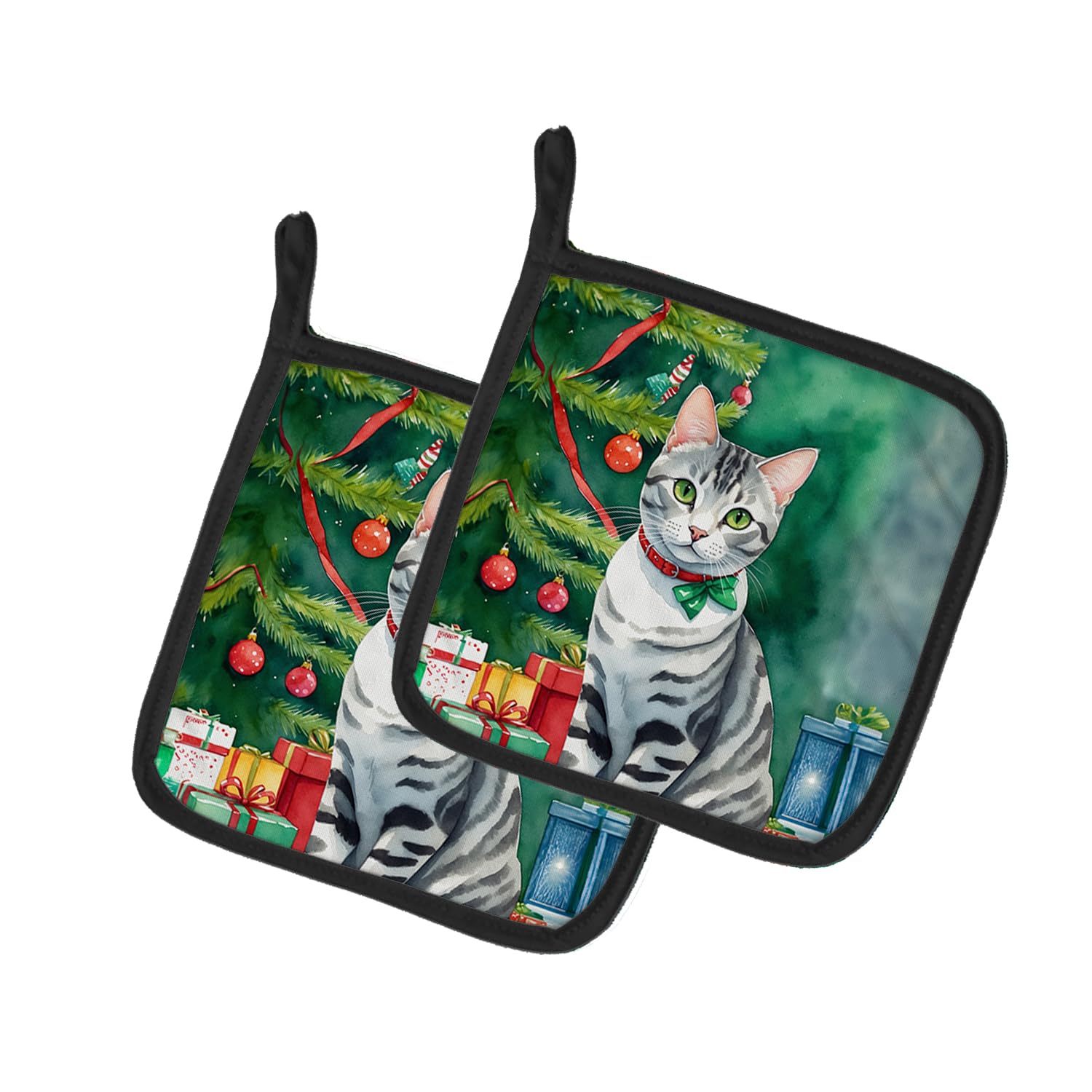 Carolines Treasures American Shorthair Cat by The Christmas Tree Pair of Pot Holders Kitchen Heat Resistant Pot Holders Sets Oven Hot Pads for Cooking Baking BBQ, 7 1/2 x 7 1/2