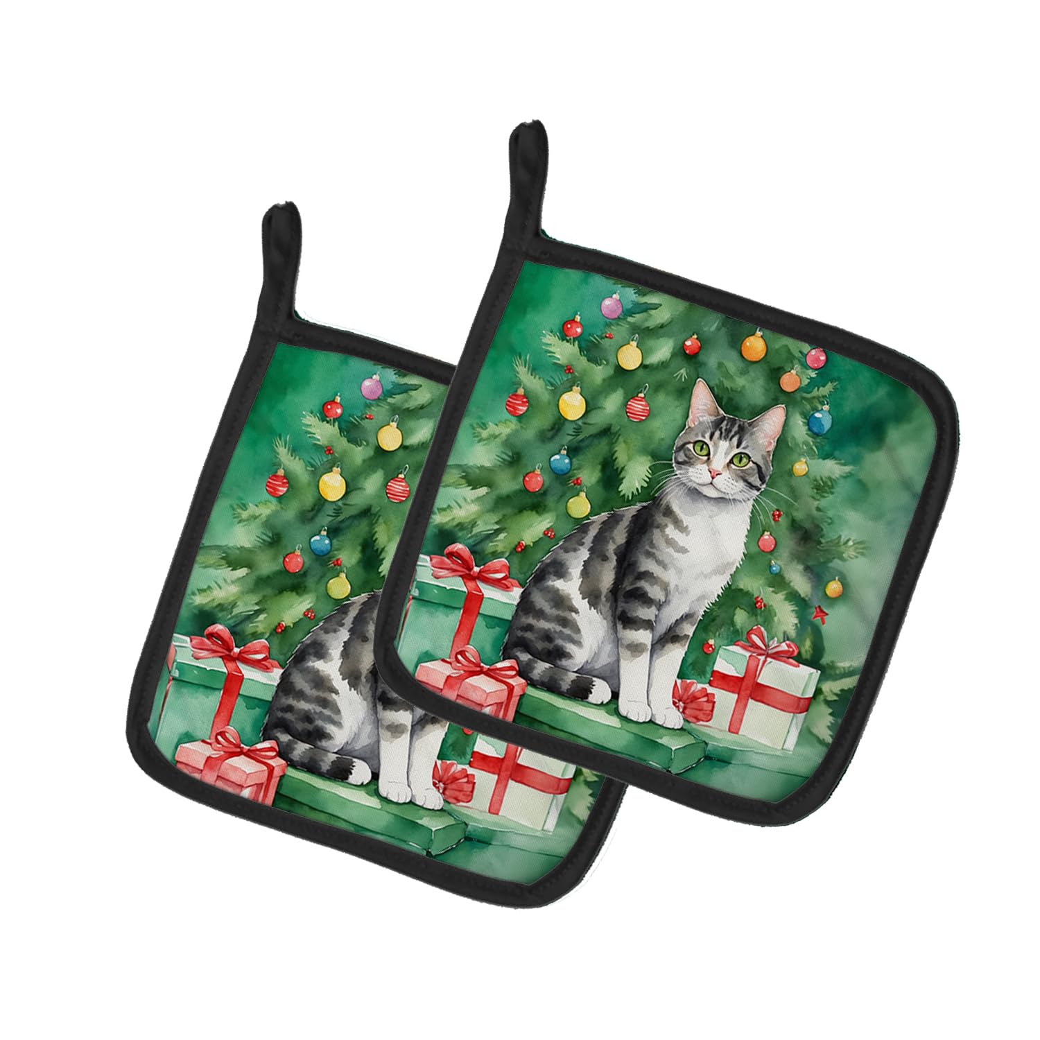 Carolines Treasures American Wirehair Cat by The Christmas Tree Pair of Pot Holders Kitchen Heat Resistant Pot Holders Sets Oven Hot Pads for Cooking Baking BBQ, 7 1/2 x 7 1/2