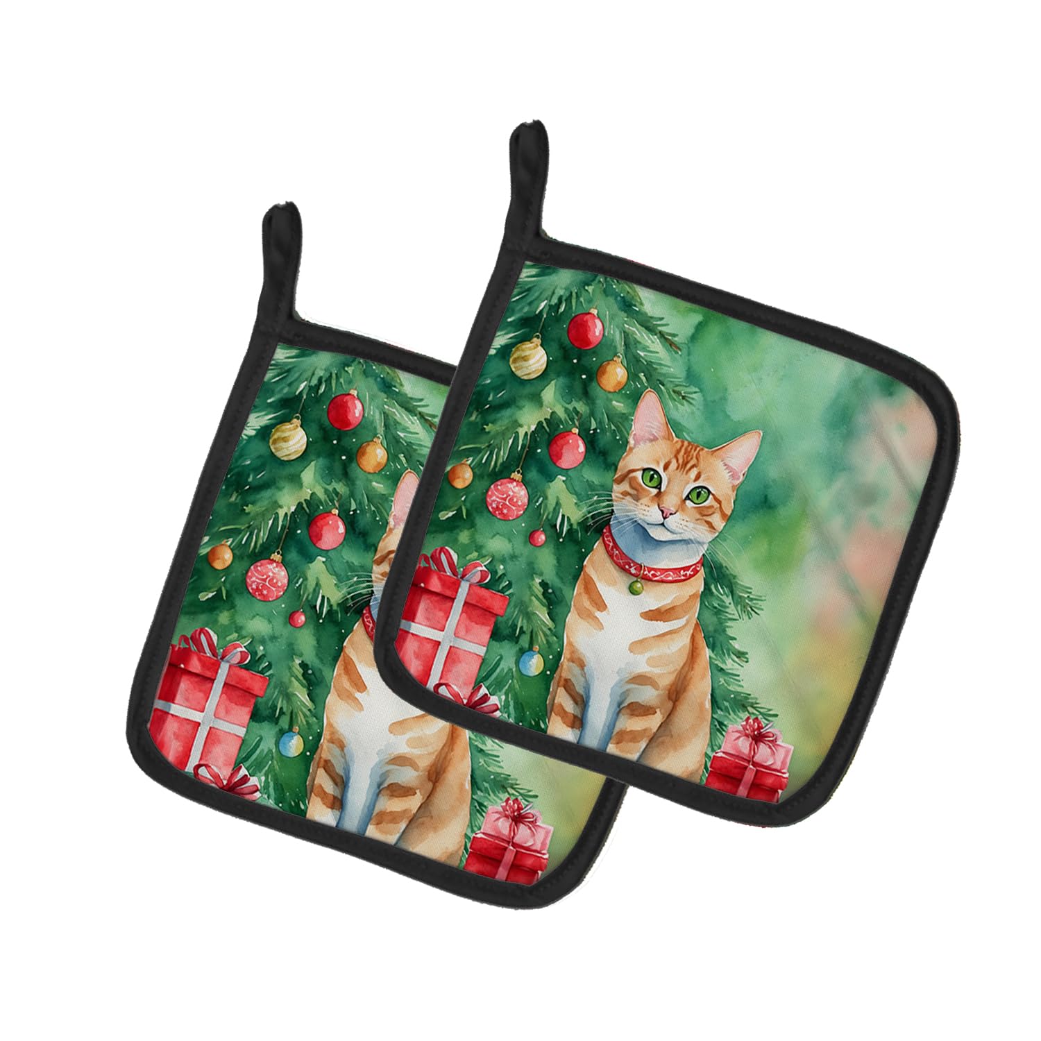 Carolines Treasures Arabian Mau Cat by The Christmas Tree Pair of Pot Holders Kitchen Heat Resistant Pot Holders Sets Oven Hot Pads for Cooking Baking BBQ, 7 1/2 x 7 1/2