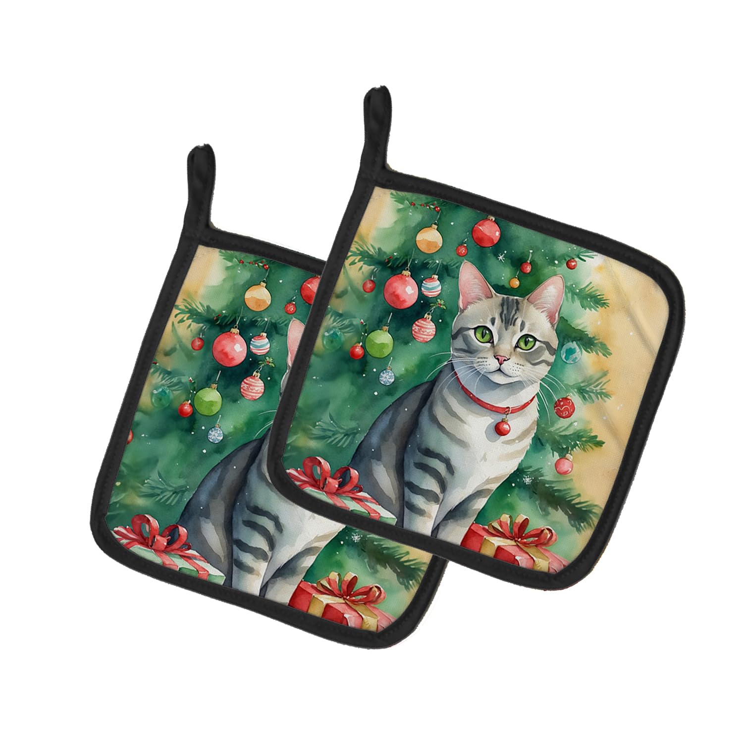 Carolines Treasures Asian Cat by The Christmas Tree Pair of Pot Holders Kitchen Heat Resistant Pot Holders Sets Oven Hot Pads for Cooking Baking BBQ, 7 1/2 x 7 1/2
